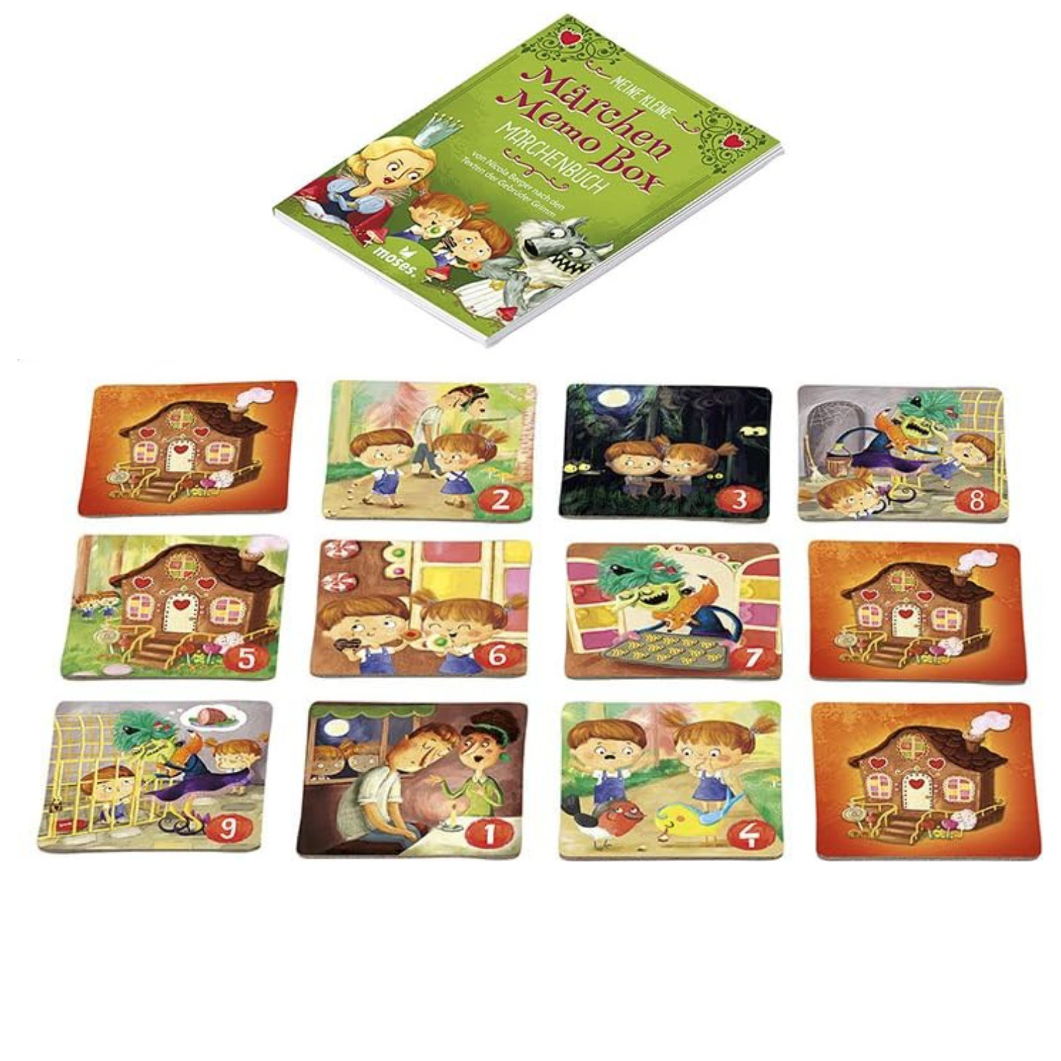 Meine kleine Märchen Memo Box - Spielkarten und Anleitung auf weißem Hintergrund