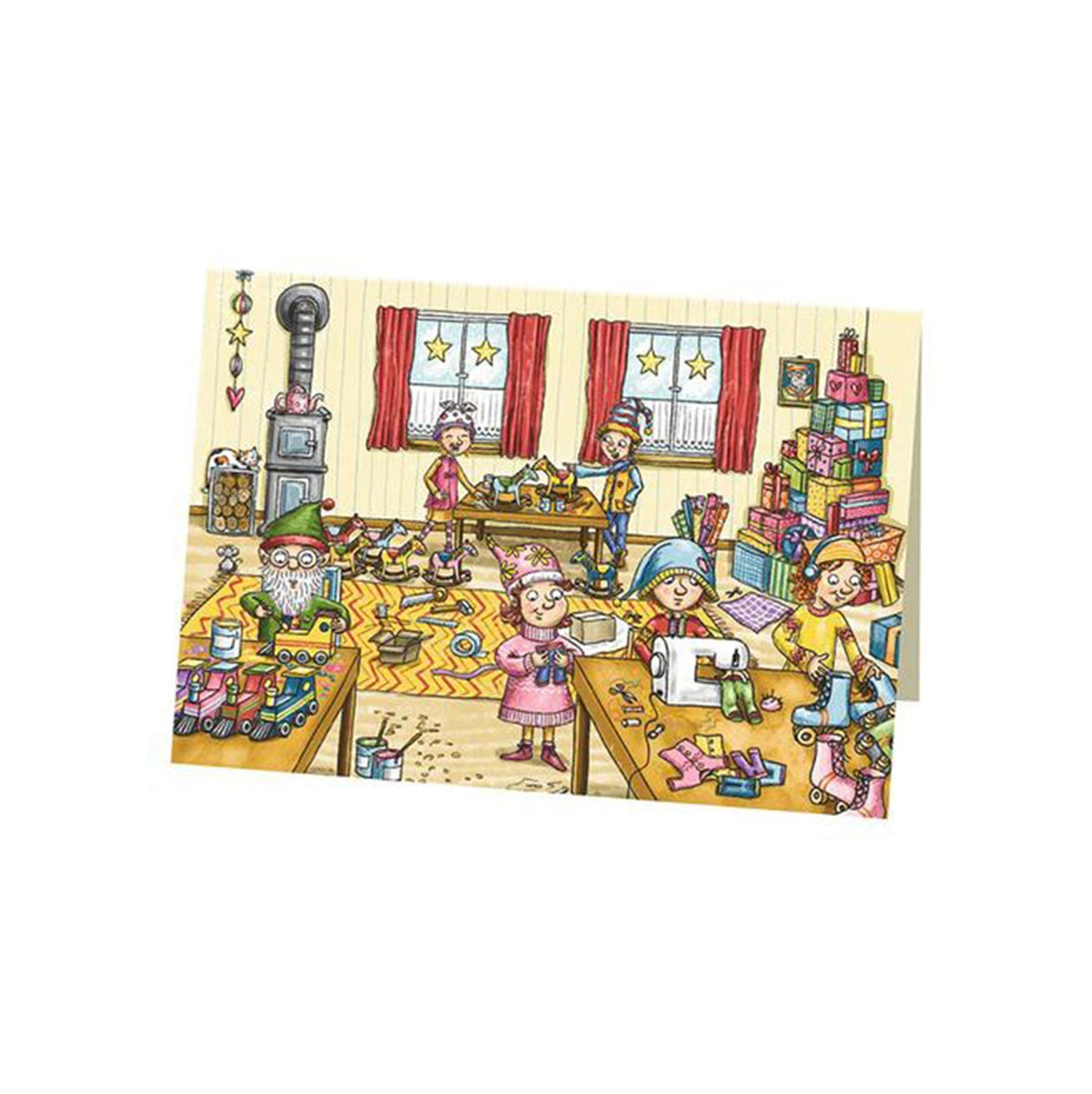 Die Szene „Wichtelige Weihnachten“ zeigt eine lebendige Werkstatt mit Elfen in bunten Kostümen, die Spielzeug und Klappkarten basteln. Eine Nähmaschine brummt am Weihnachtsbaum, Geschenke stapeln sich und ein gemütlicher Ofen knistert und lässt eine Weihnachtsgeschichte lebendig werden.