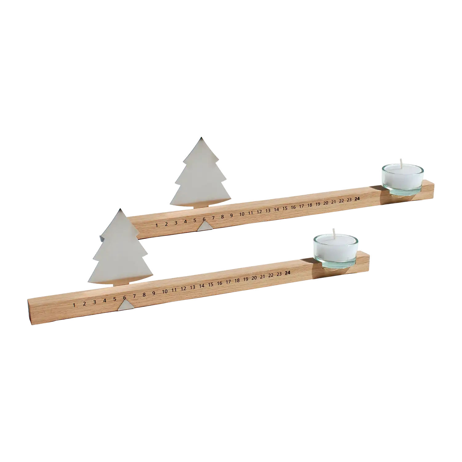 Zwei Adventsleisten aus Eichenholz mit Metallbaum und nummerierten Markierungen.