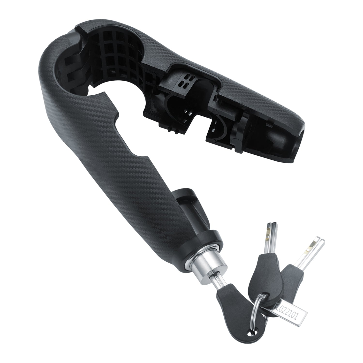 Das Alarm-Schloss für Zweiräder/Fahrräder, ein schwarzes Lenkradschloss aus Carbonfaser mit offenem Schließmechanismus, besticht durch sein elegantes, geschwungenes Design und bietet modernen Diebstahlschutz. Es wird mit zwei Schlüsseln geliefert und ist somit sicher und stilvoll zugleich.