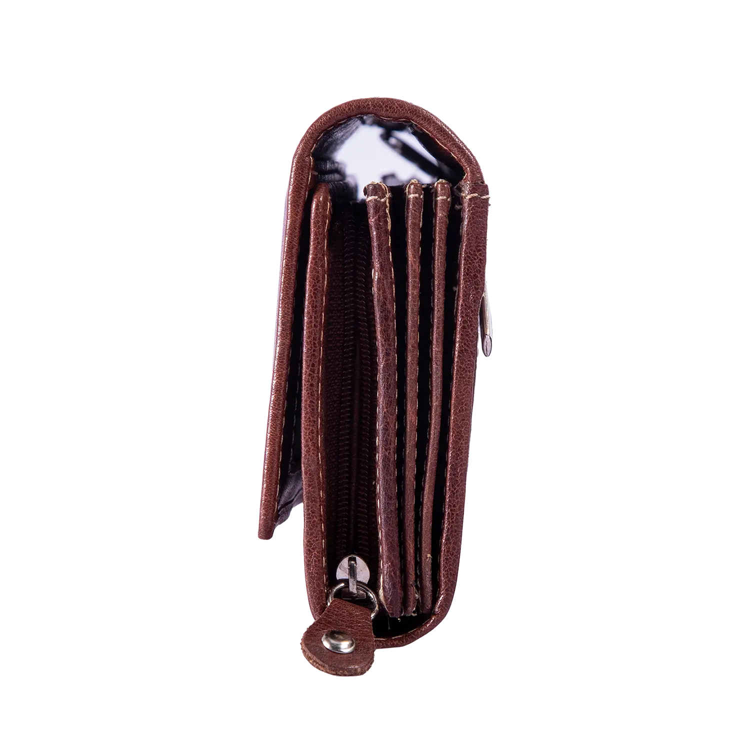 Seitenansicht eines geöffneten Geldbeutels für Damen aus Leder mit mehreren Fächern und einem Reißverschlussfach, mit RFID-Schutz, auf weißem Hintergrund. Perfekt für Frauen, die Wert auf Stil und Sicherheit legen.