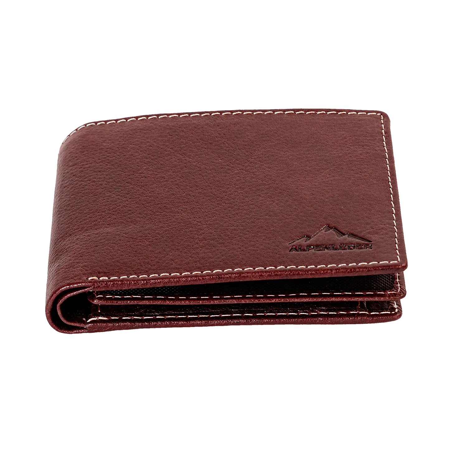 Der Herrengeldbeutel AMBRAS ist eine Geldbörse aus braunem Büffelleder mit weißen Nähten und geprägtem Berglogo, bietet RFID-Schutz und mehrere Fächer für Karten und Bargeld.