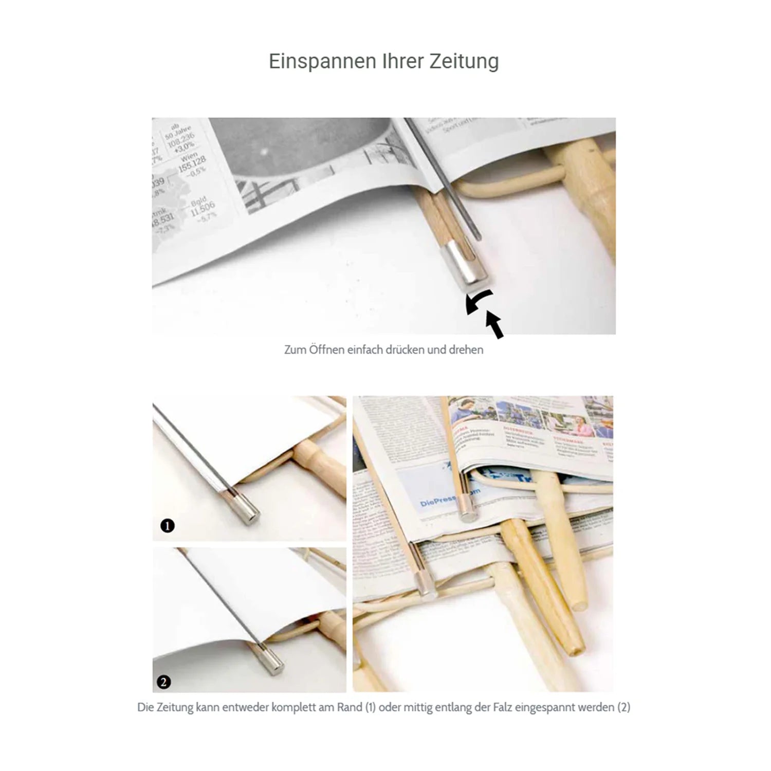 Nahaufnahme von Zeitungshalter Weideholz, der eine Zeitung aufgeschlagen hält, wie einen CSS-Behälter.