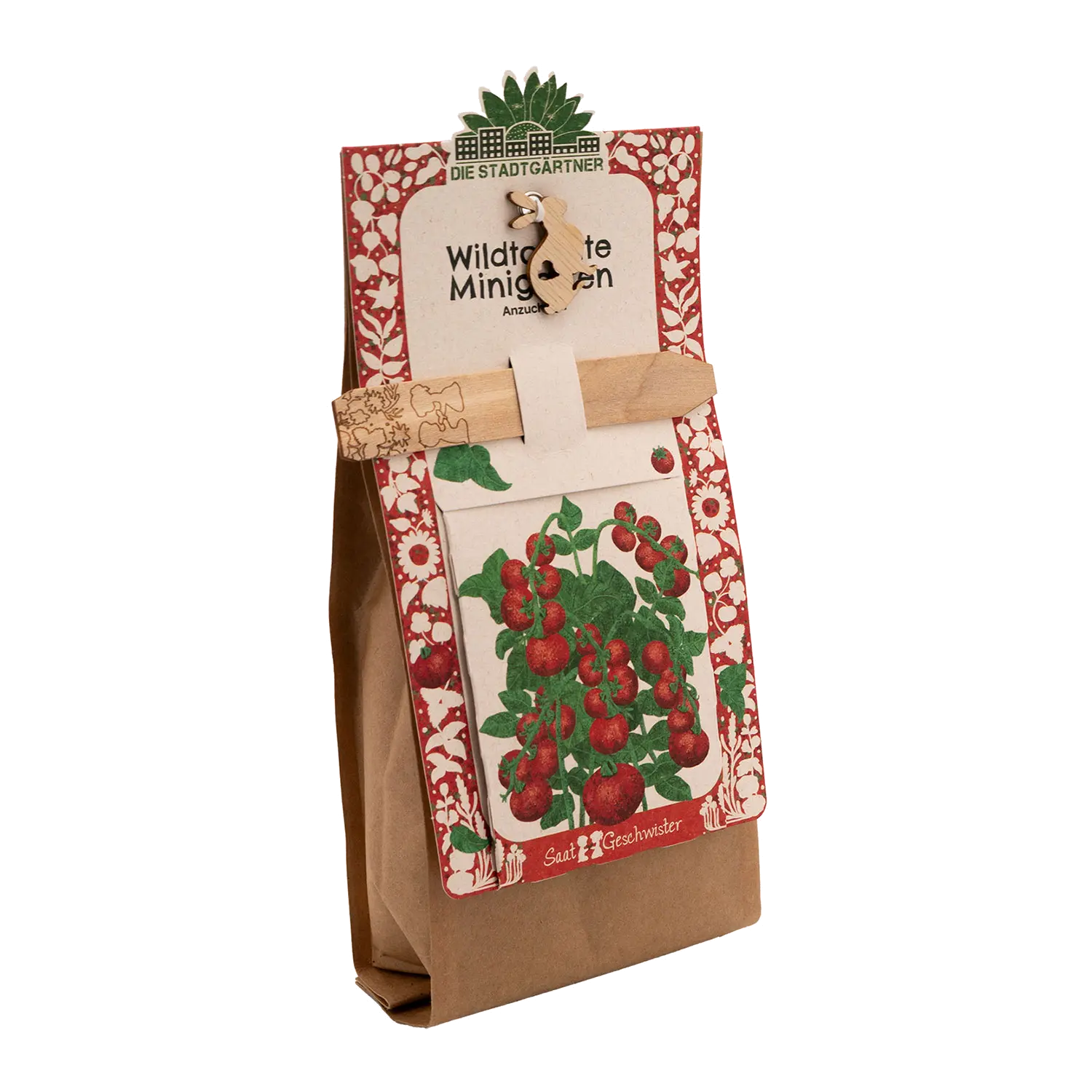 Braune Papiertüte mit Kirschtomaten, ideales Ostergeschenk für den Garten.