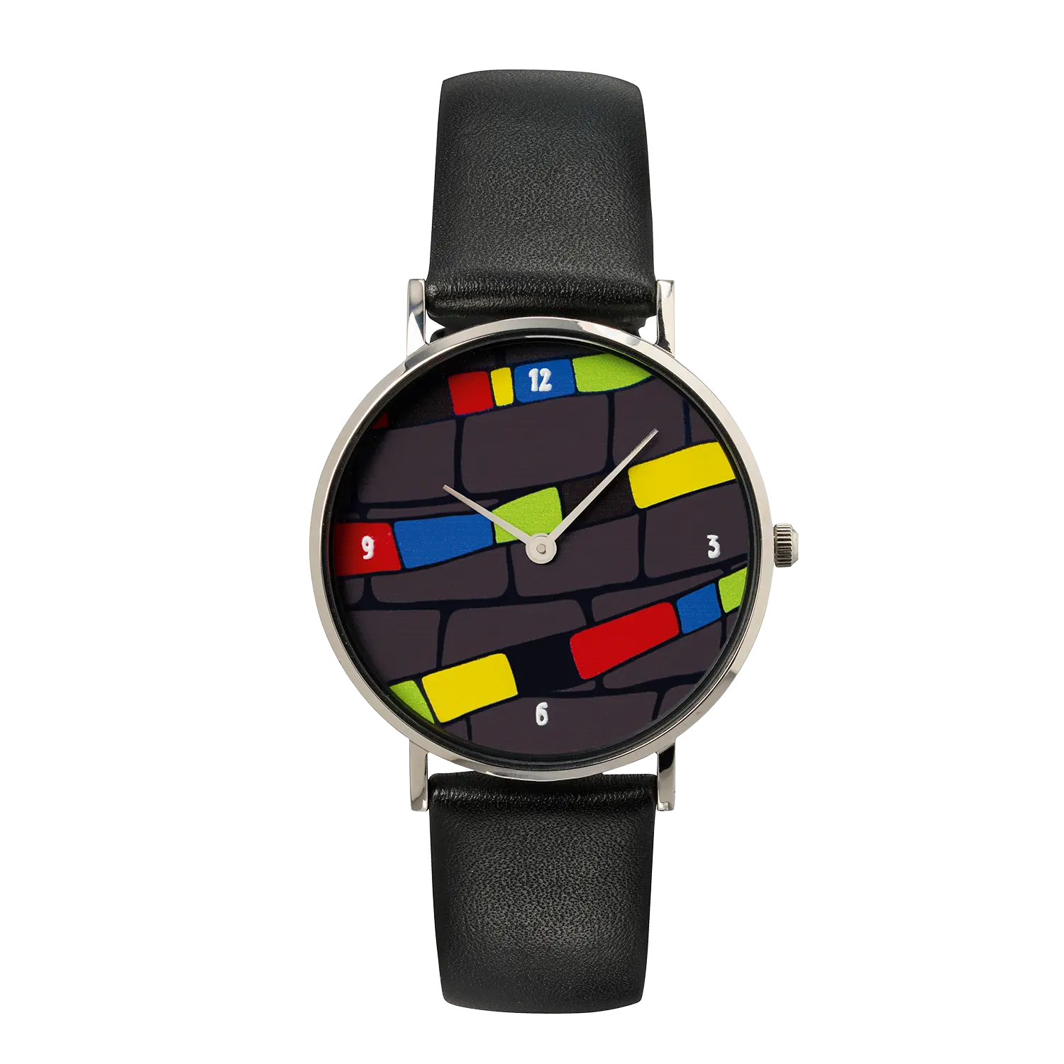 Künstler-Armbanduhr Zeitfinder "Zeitfang" mit schwarzem Band und buntem Zifferblatt.