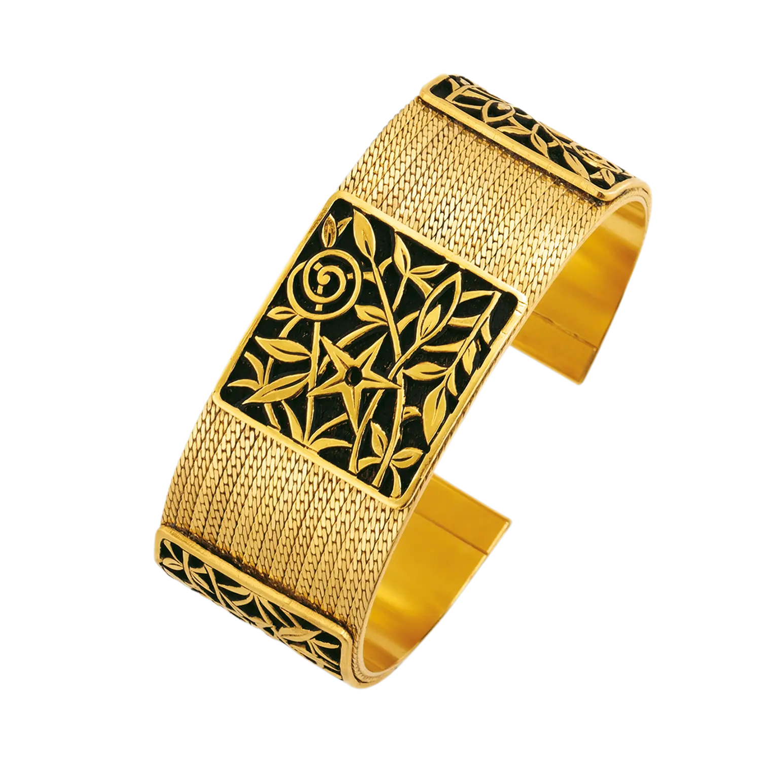 Armreif "Blüte des Jugendstils", 24K vergoldet, mit schwarzem Emaille.