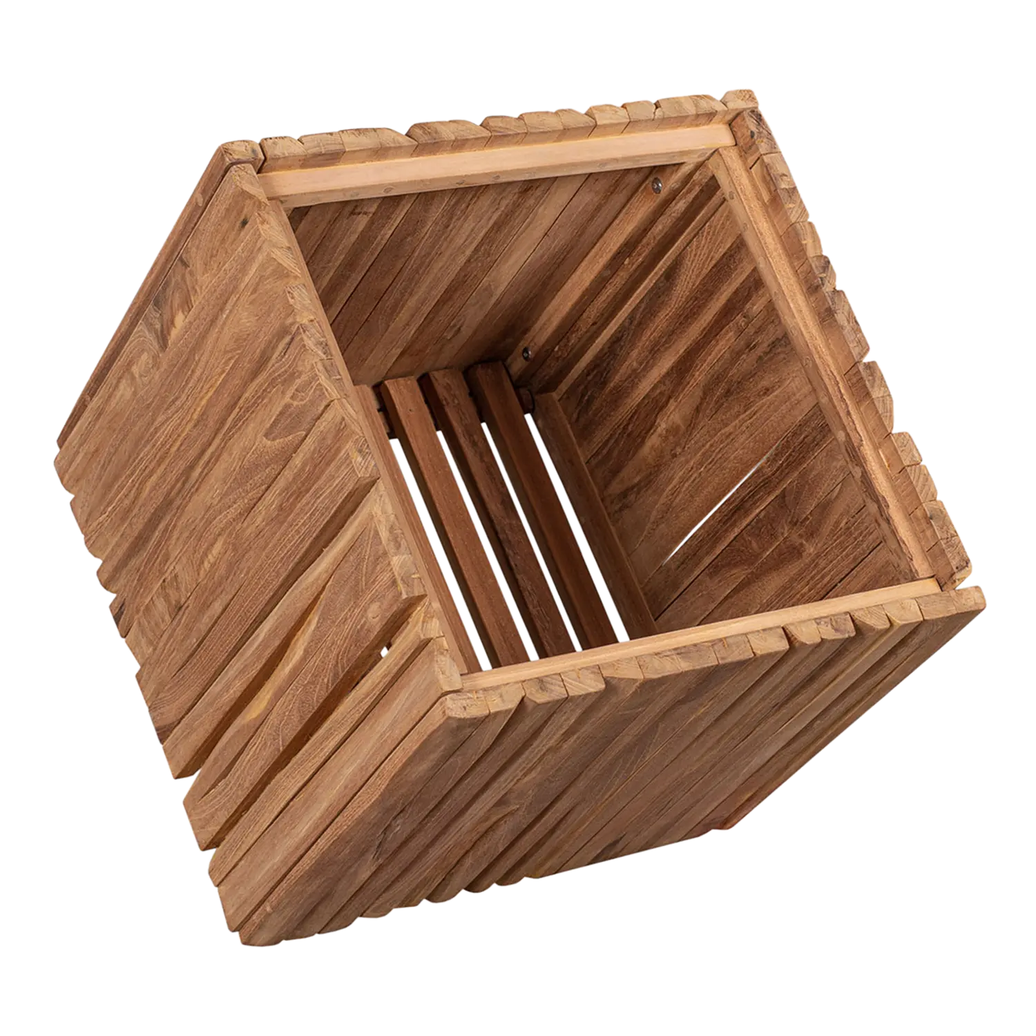 Teak Box Hocker Oxford: ein hölzerner Würfel mit gelatteten Seiten auf weißem Hintergrund.