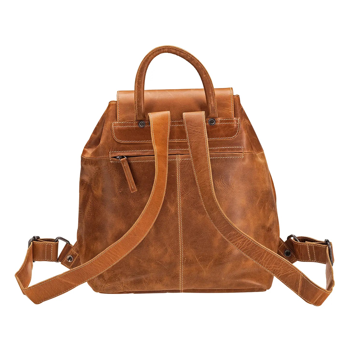 Der Leder-Rucksack JACOB'S WAY in Vintage-Braun verfügt über längenverstellbare Schultergurte, einen Tragegriff, einen geräumigen Innenraum, eine kleine Reißverschlusstasche auf der Rückseite und ein schlicht-elegantes Design.