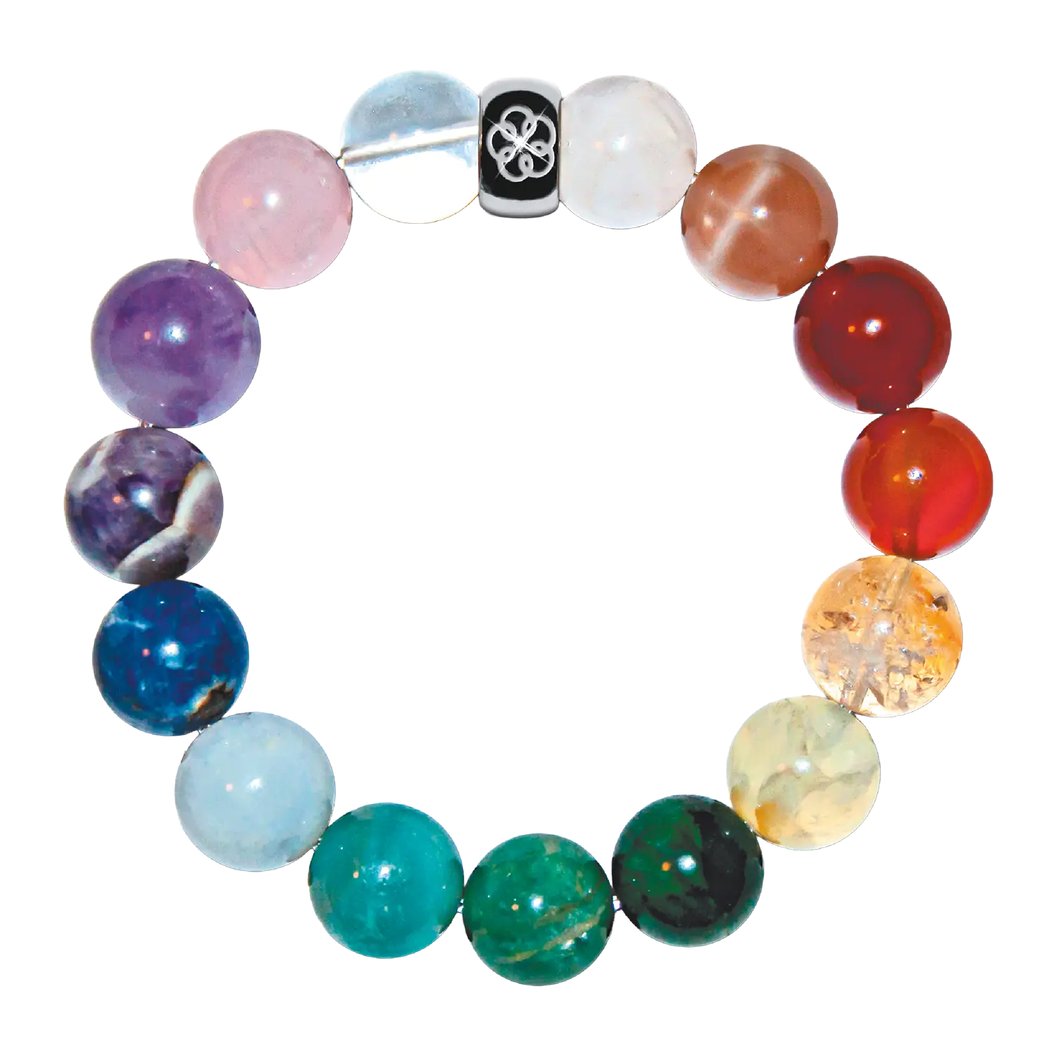 Armband Balance: Buntes Perlenarmband mit schwarzer Perle und weißer Blume.