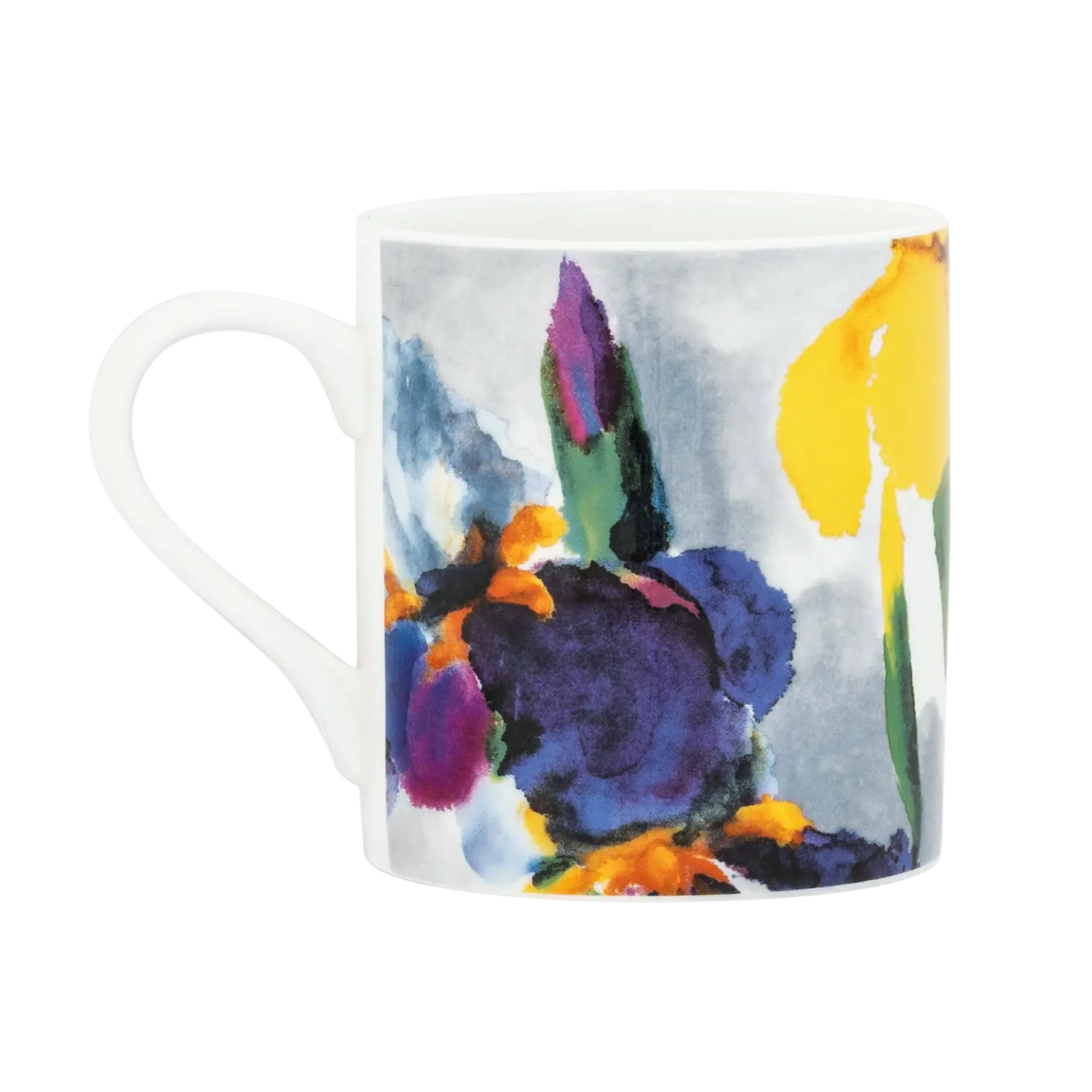 Weiße Tasse mit Blumendruck.