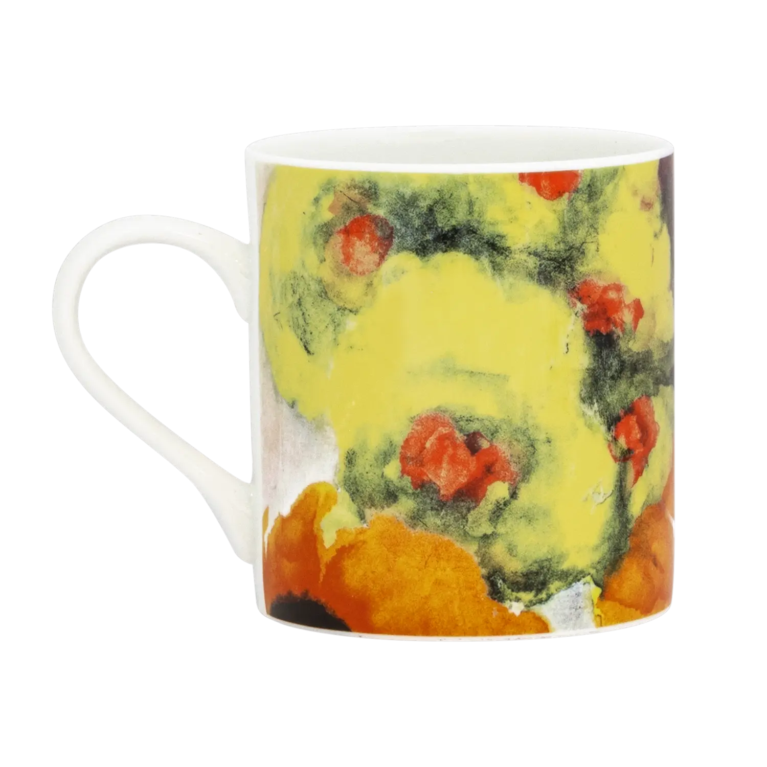 Kaffeetasse mit gelbem, rotem und schwarzem Malereimuster.