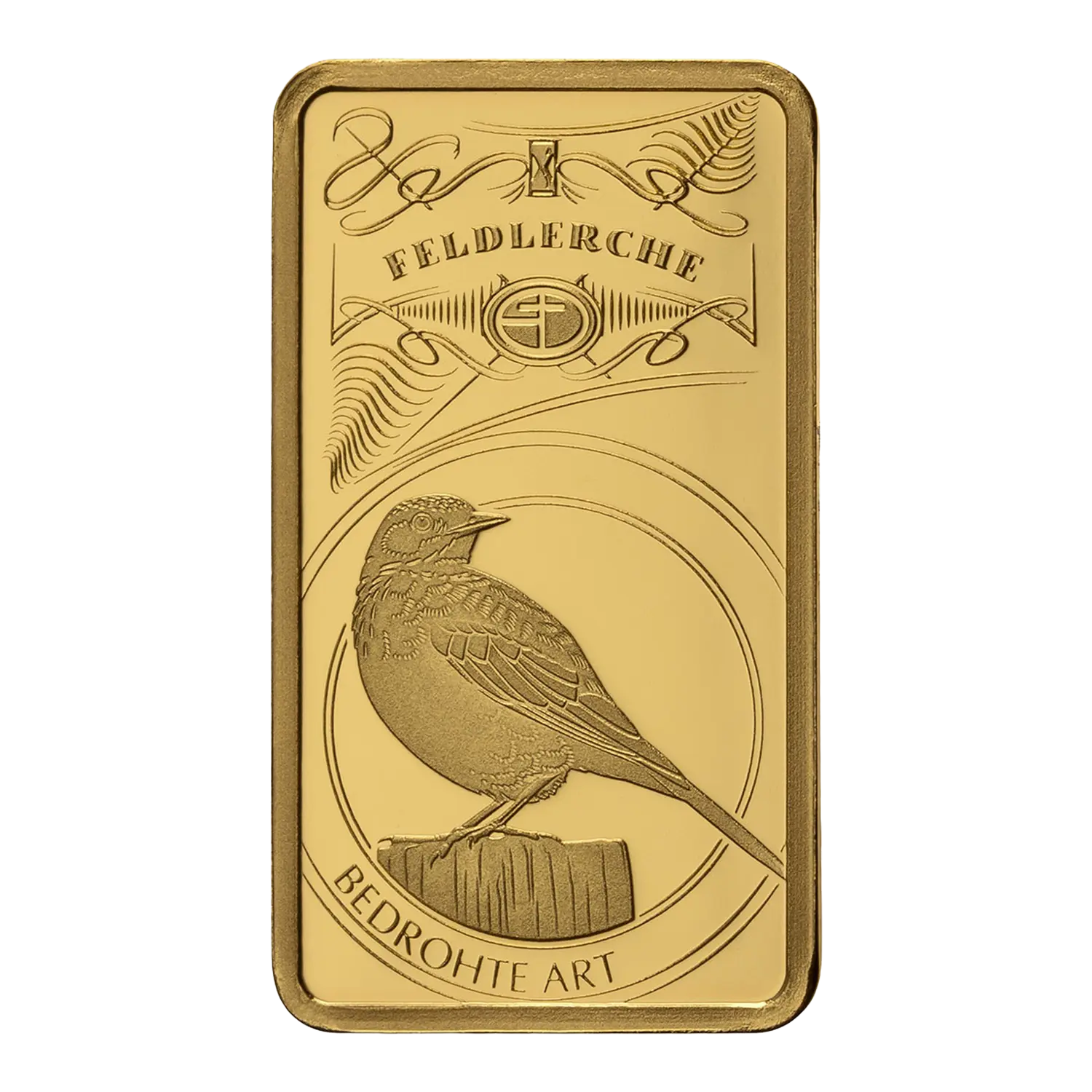 Goldbarren Bedrohte Tierarten Feldlerche mit Vogelgravur und Sammlerwert.