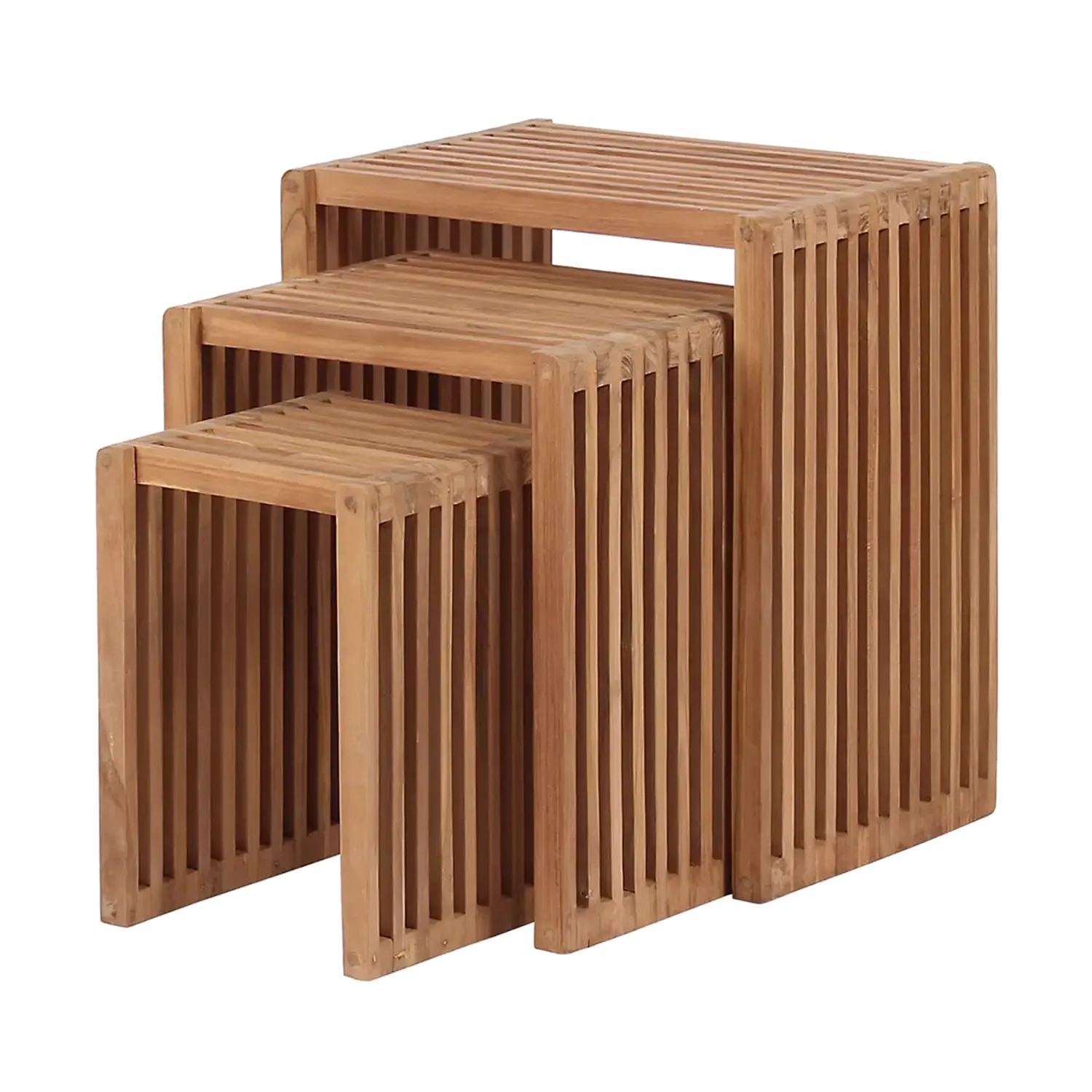 Das Beistelltische 3er-Set besteht aus drei ineinander stapelbaren Hockern mit Lattendesign in Hellbraun aus hochwertigem Teakholz. Vom Kleinsten bis zum Größten angeordnet, passen sie perfekt untereinander und werten Ihr Outdoor-Ambiente mit ihrem kompakten und funktionalen Design auf.