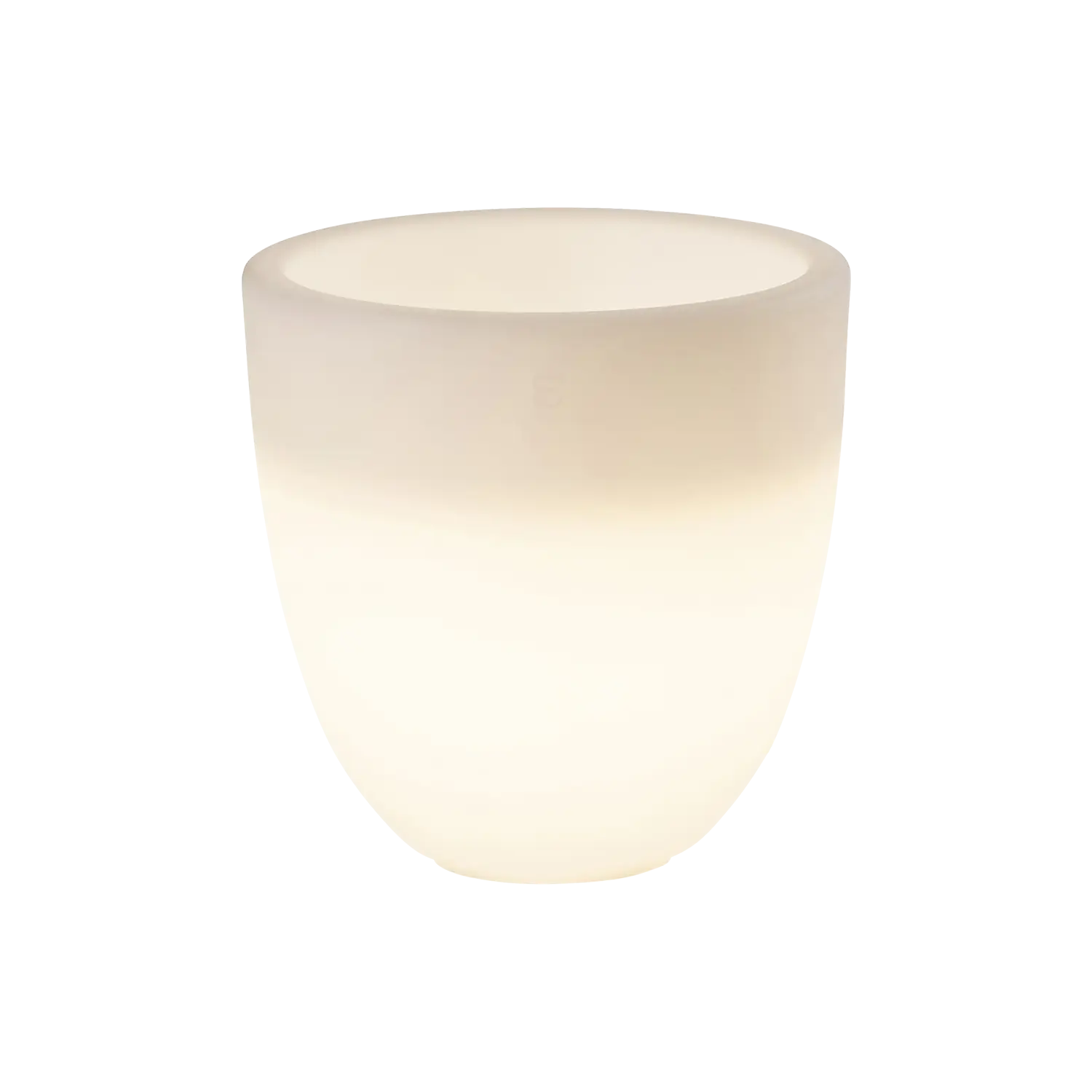 Der Beleuchtete Blumentopf ist ein ovaler, weißer LED-Blumentopf mit einer glatten, matten Oberfläche, der vor einem schlichten weißen Hintergrund sanft von innen leuchtet.