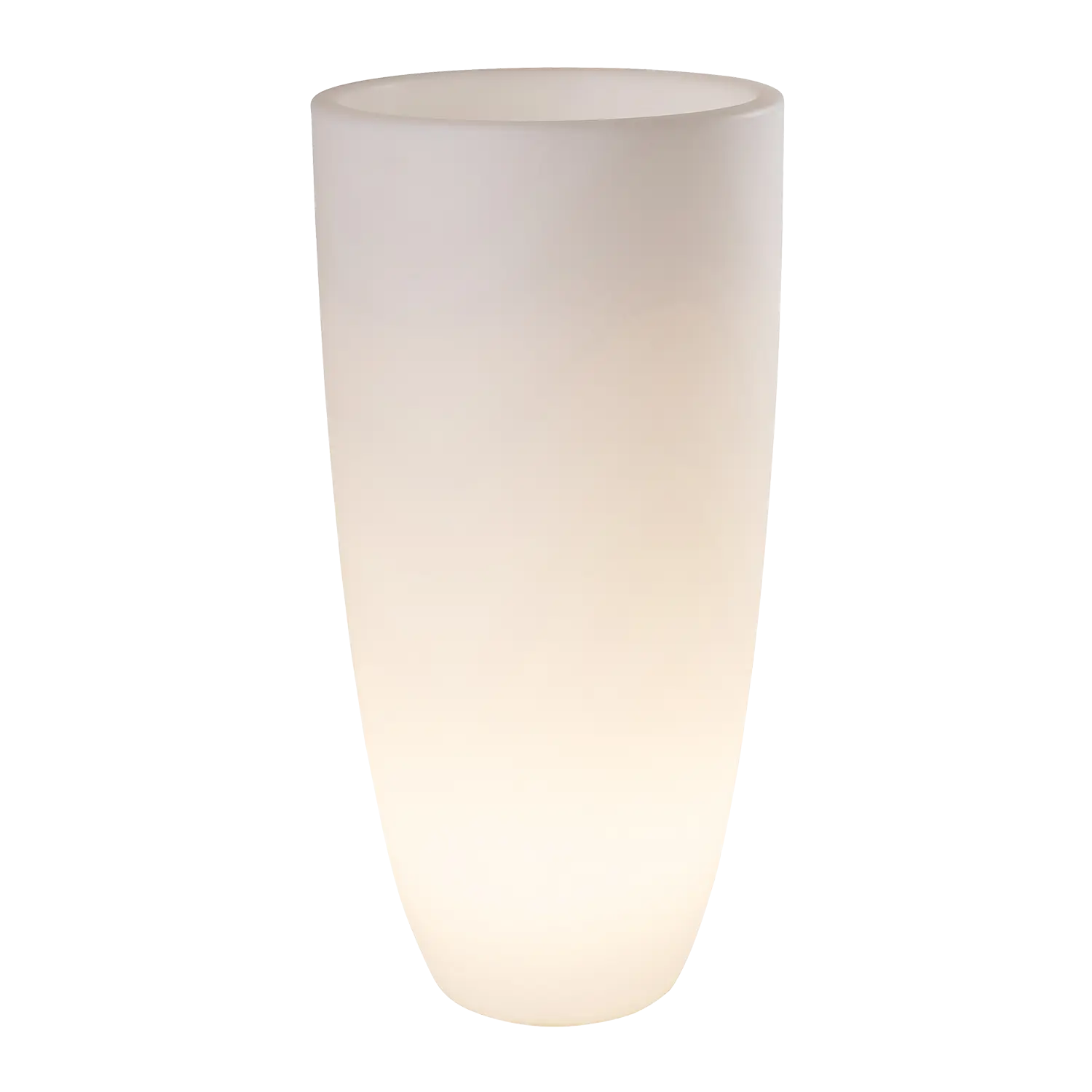 Hoher, weißer Beleuchteter Blumentopf mit glatter, matter Oberfläche.