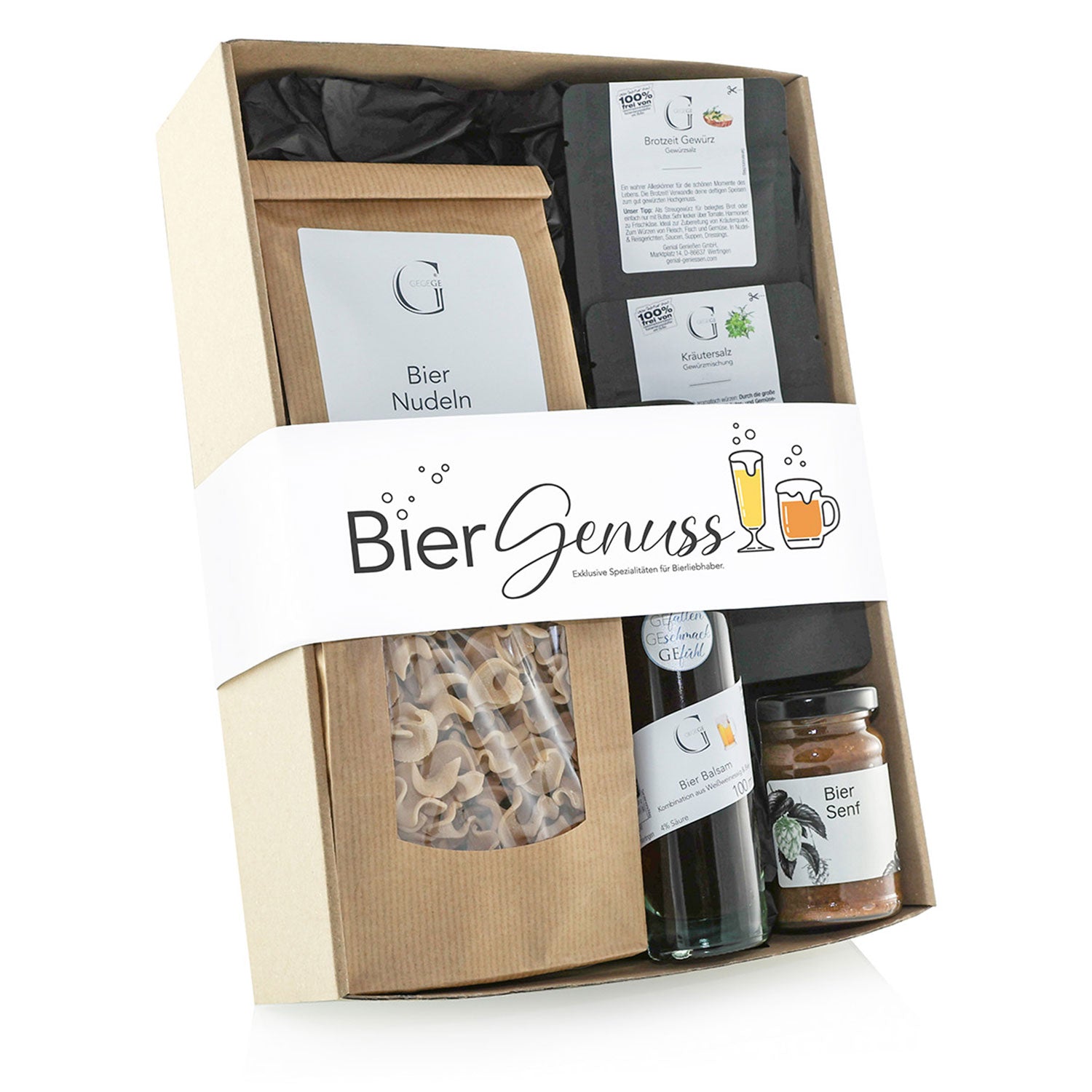 Geschenke für Bierliebhaber - Das Bier Genuss - Geschenkset: Enthält bierige Pasta, zwei Flaschen, ein Senfglas und zwei Päckchen – alles ordentlich im Karton mit weißem Etikett. Perfekt als Bier-Geschenkset für jeden Bierliebhaber!.