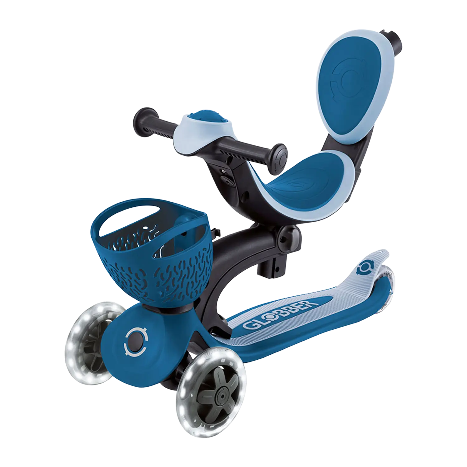 Globber Go-Up Baby Kinderfahrzeug: blau-weißer Scooter mit Sitz und Korb.