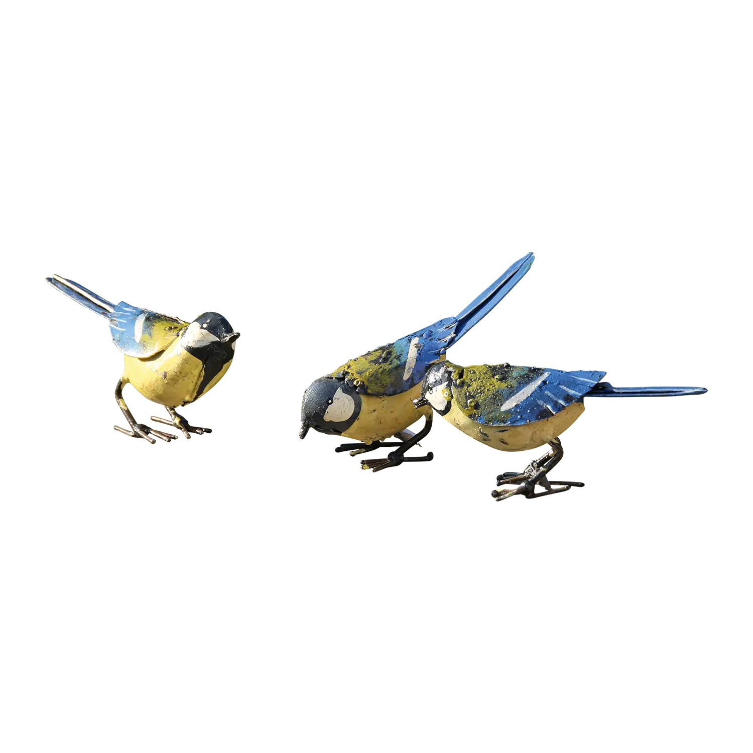 3-teiliges Set von Blaumeisen aus bemaltem Metall