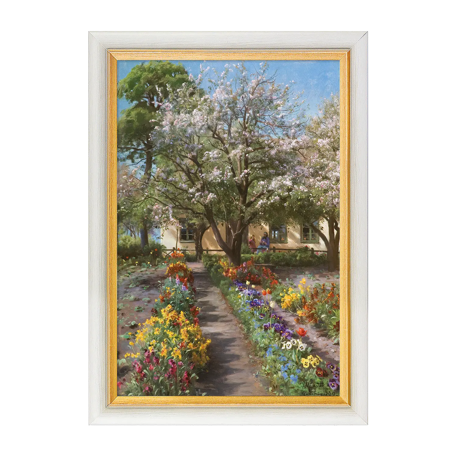 Giclée-Druck Blühender Garten im Frühling von Peder Mönsted, gerahmt in Massivholz
