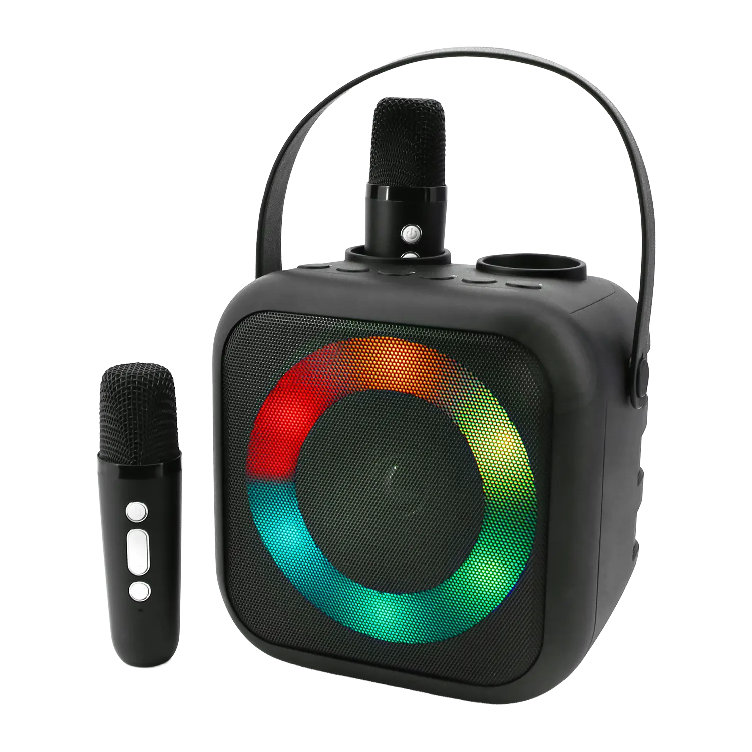 Tragbares Bluetooth Karaoke System mit bunten LED-Lichtern kabellosem Mikrofon.