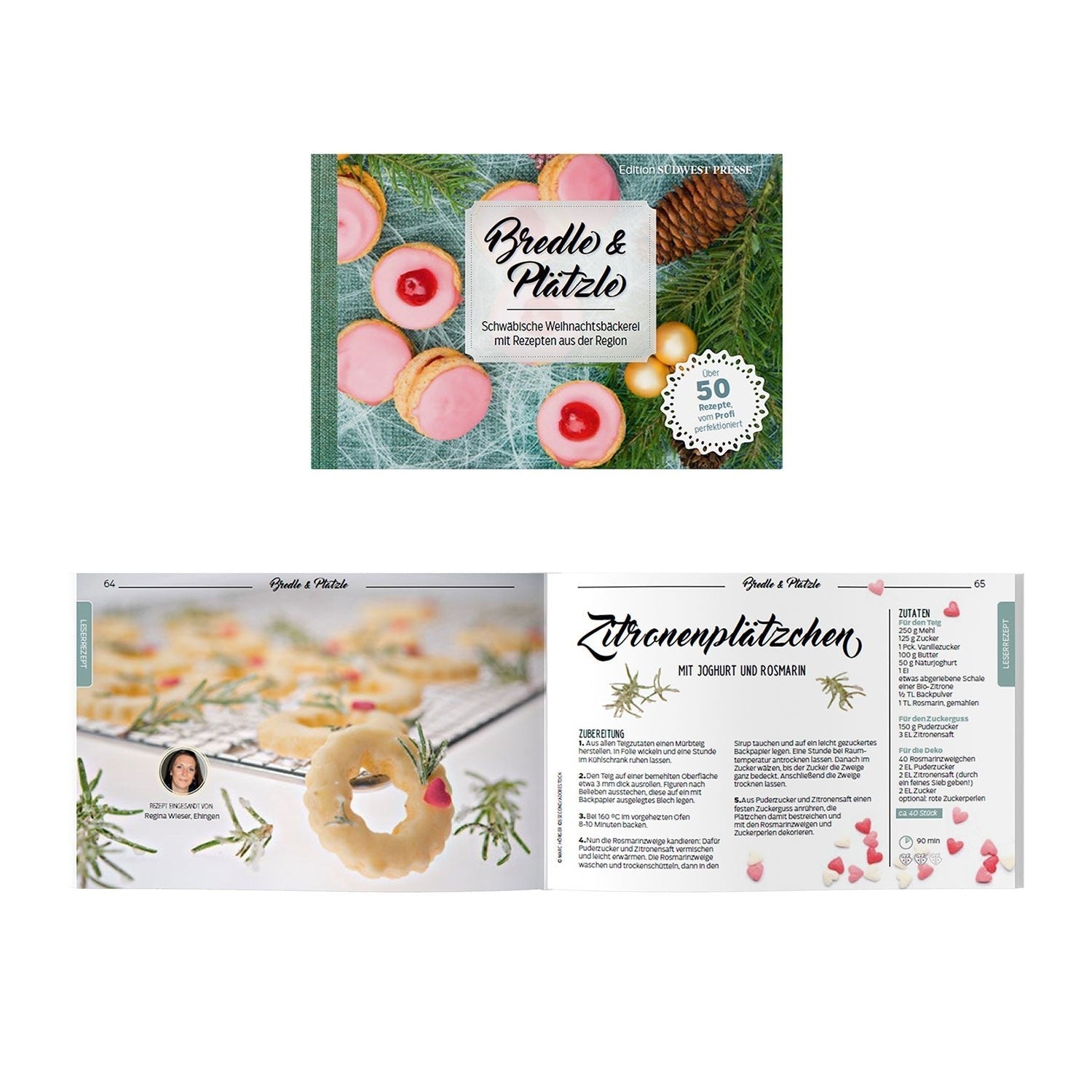 Die Ausgabe 2022 von „Bredle & Plätzle“ präsentiert festliche Weihnachtsbäckerei mit Weihnachtsgebäck, dekorativem Grün und Rezeptteilen. Genießen Sie Bilder von Zitronenplätzchen mit rosa Zuckerguss, kunstvoll arrangiert auf weißem Untergrund.