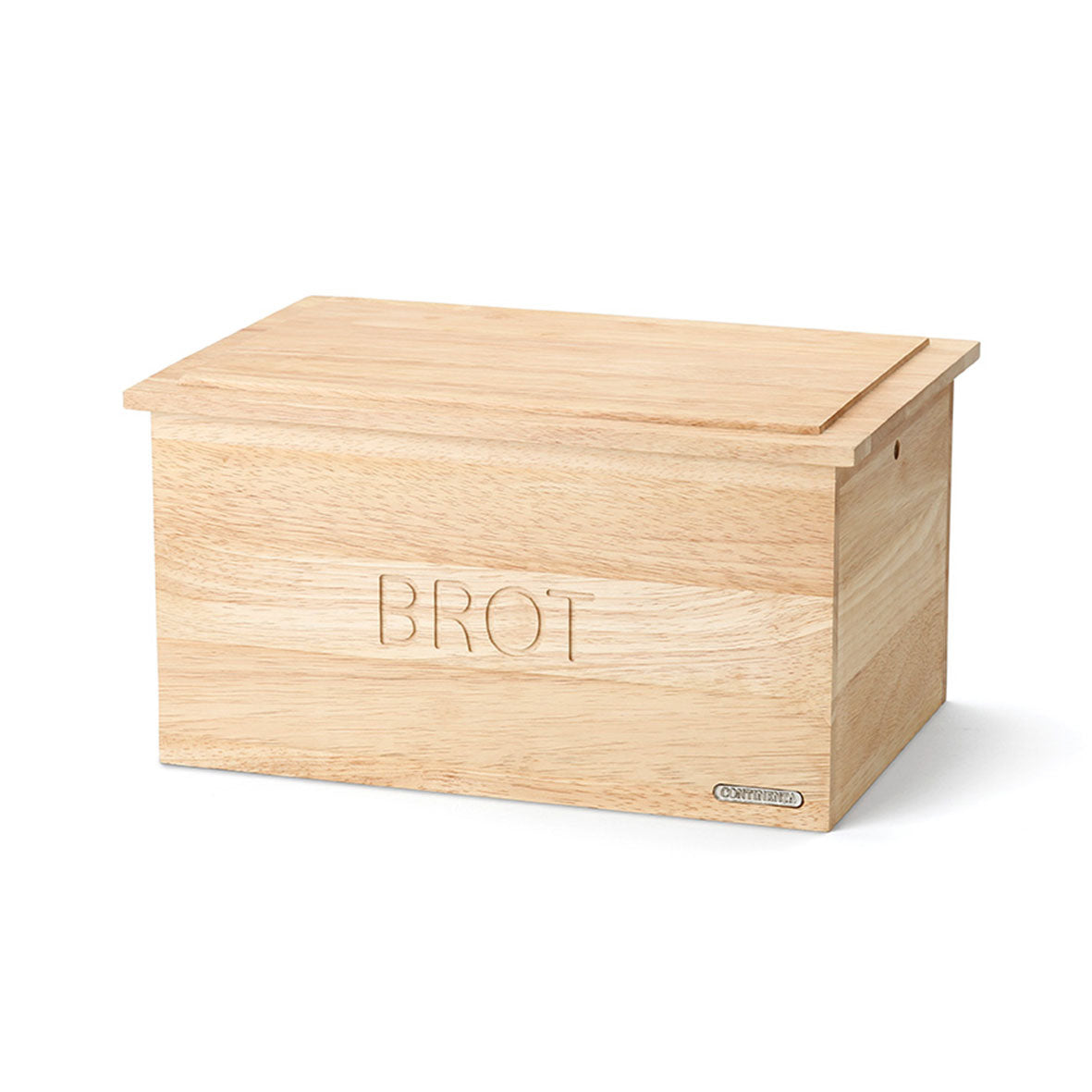 Der Brotkasten aus Holz ist eine rechteckige Brotbox aus hellem Holz mit Deckel und der Gravur „BROT“ auf der Vorderseite, die Ihr Brot frisch hält.