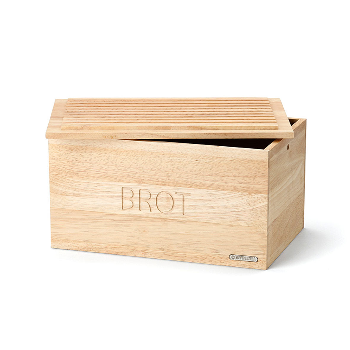 Der Brotkasten aus Holz verfügt über einen teilweise geöffneten Lamellendeckel mit der Gravur „BROT“ auf der Vorderseite. Die natürliche Holzoberfläche verleiht Wärme, und ein kleines Metalletikett in der unteren rechten Ecke sorgt für Frische und Stil in Ihrer Küche.