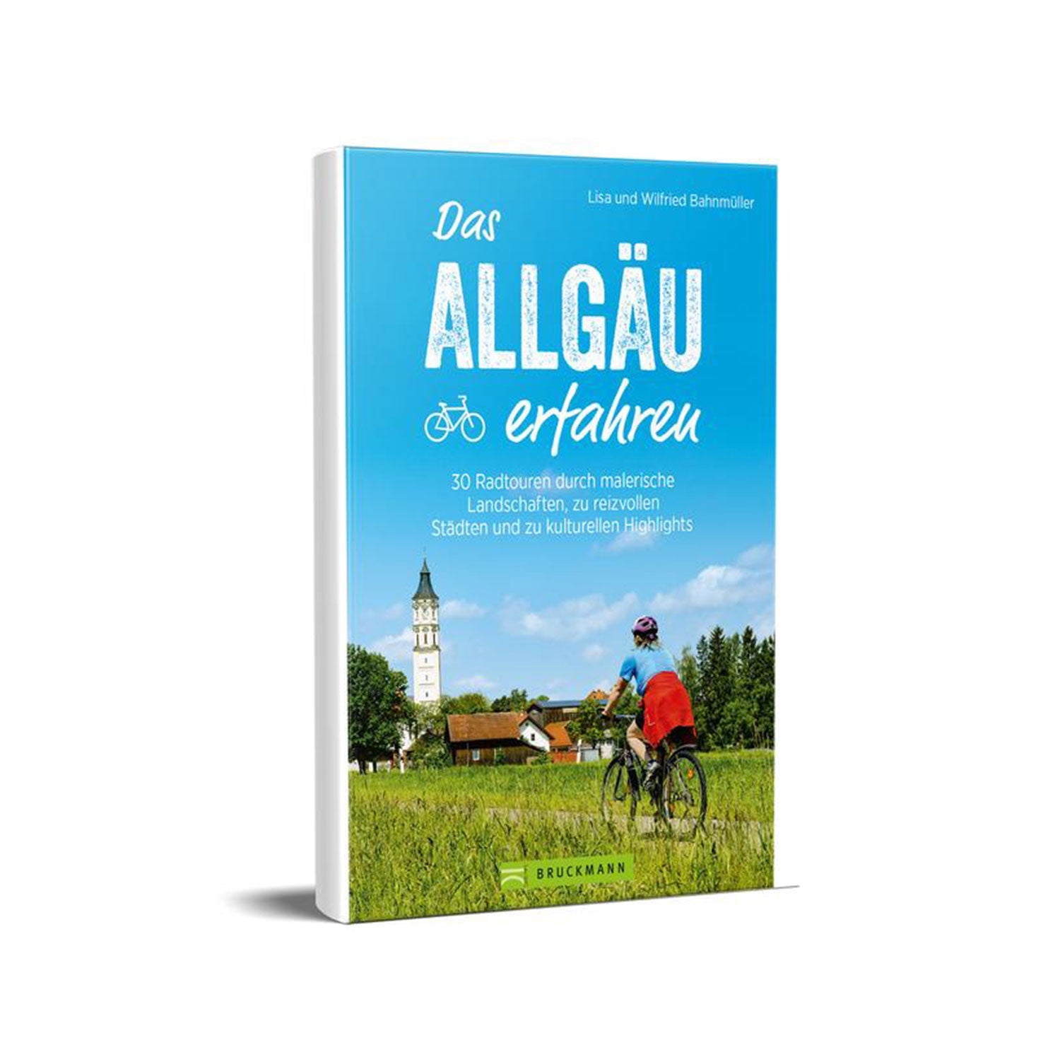 Das Cover der „Leichte Radtouren im Allgäu“ zeigt einen Radler auf einem Feldweg, gesäumt von Feldern und einer Kirche. Es präsentiert 30 leichte Radtouren durch malerische Landschaften und zu kulturellen Highlights.