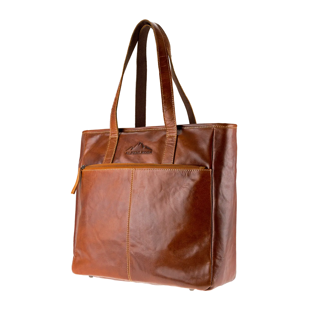 Die Business Handtasche ARCO ist eine braune Ledertasche, ideal für den Büroalltag, mit zwei Tragegriffen und einer Reißverschlusstasche vorne. Von der Seite betrachtet besticht sie durch ihr genähtes Design und das wasserabweisende Material, das Ihre wichtigen Dinge sicher verstaut.