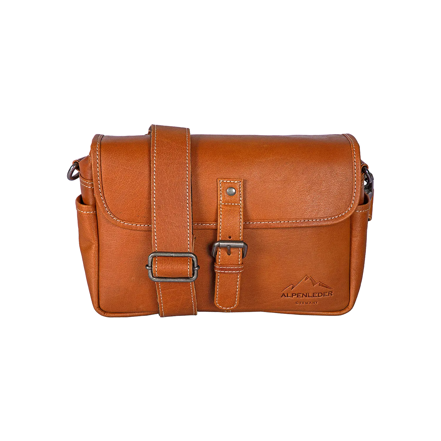 Braune Alpenleder Kameratasche PRESSE mit Schnallenriemen und Logo.
