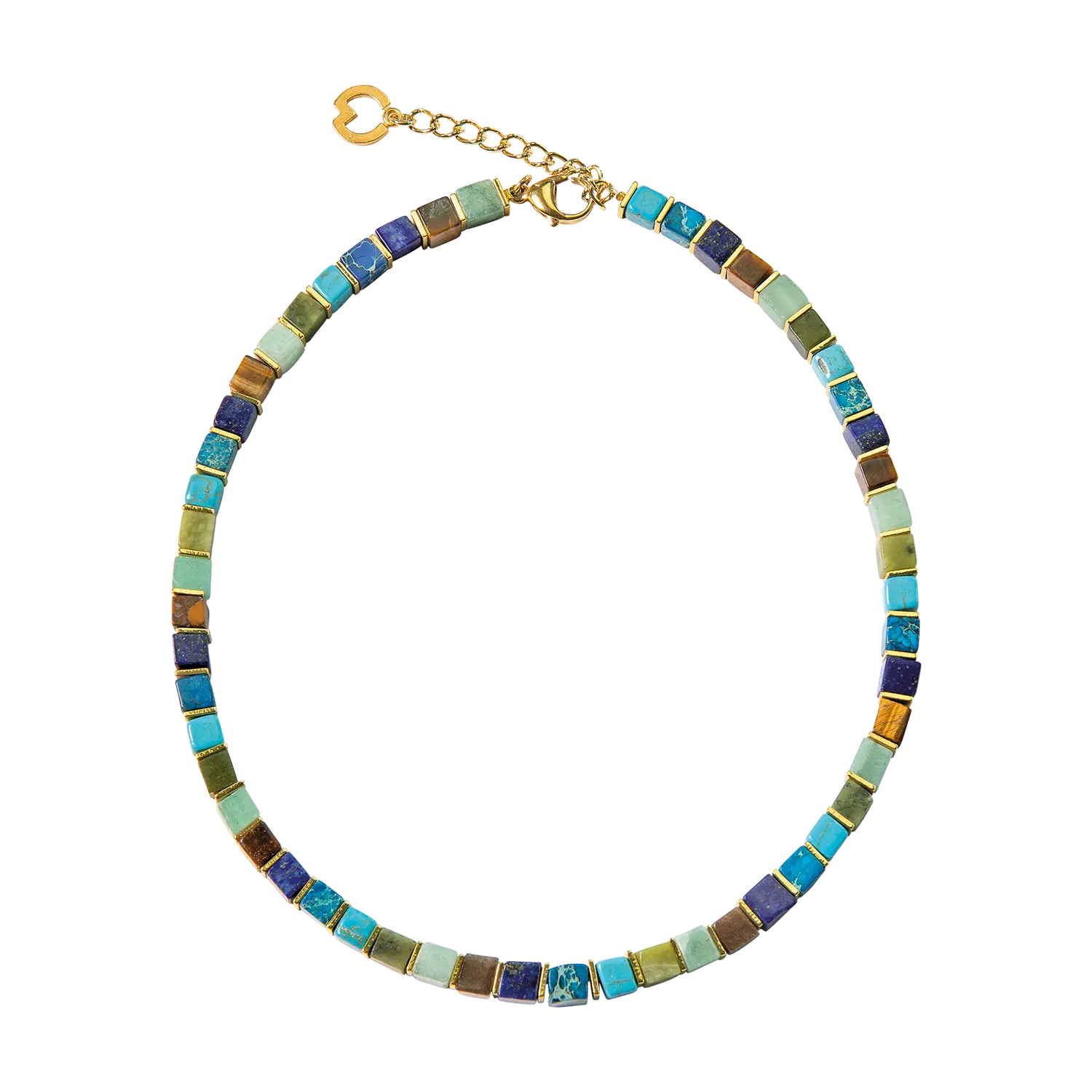 Ein Collier "Bergsee" von ars mundi mit türkisfarbenen, blauen, grünen und goldenen Perlen.