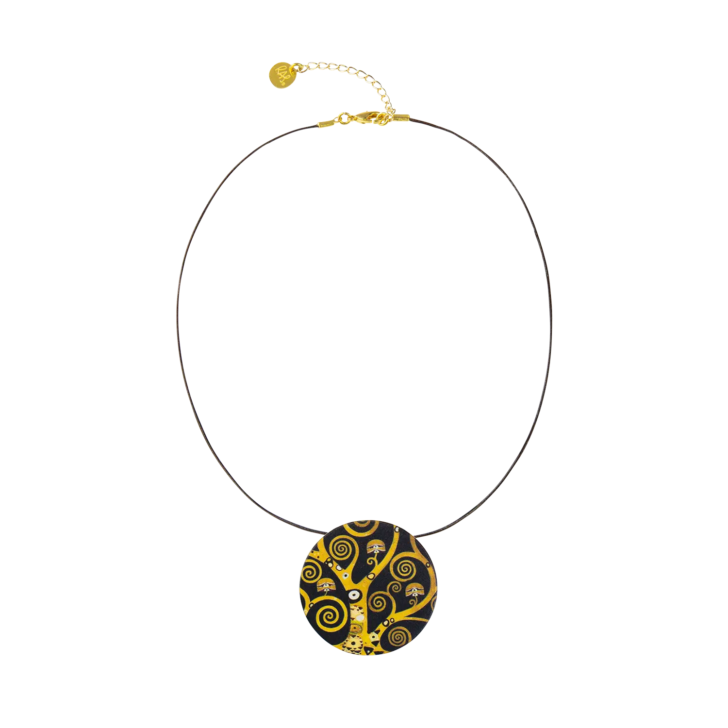 Gold-schwarzer Collier "Lebensbaum" Metallanhänger im Klimt-Stil.