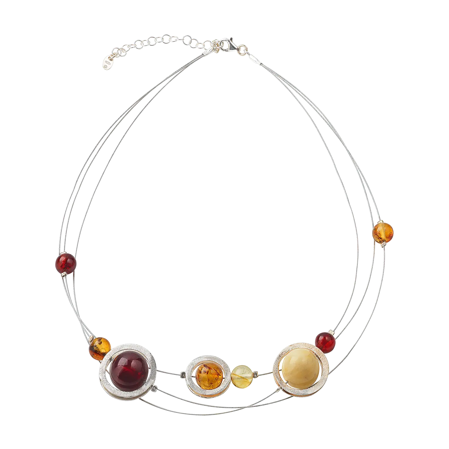 Collier "Sonne, Mond und Sterne": Silberkette mit runden Steinen auf Stahldraht.