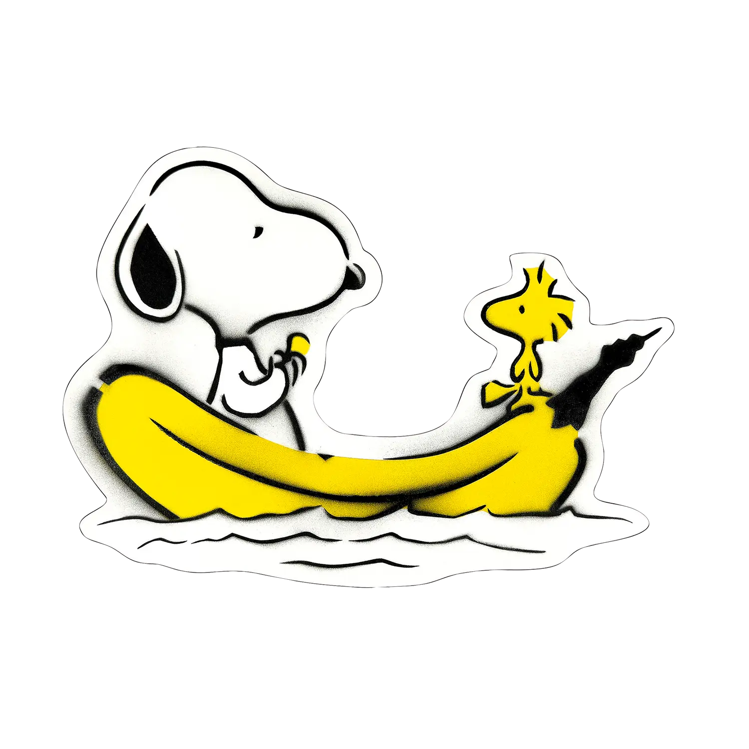 Snoopy und Woodstock fahren in einem bananenförmigen Boot auf dem Wasser.
Das Bild zeigt eine stilisierte Darstellung von Snoopy, dem berühmten Beagle aus den Peanuts-Comics, und Woodstock, seinem Vogel-Freund. Snoopy sitzt in dem Vorderteil eines gelben Bootes, das die Form einer Banane hat. Er wirkt entspannt und hält etwas kleines, gelbes in seiner Pfote. Woodstock sitzt im hinteren Teil des Bootes und scheint ebenfalls zufrieden zu sein. Das Boot schwimmt auf stilisiertem, weißem Wasser.