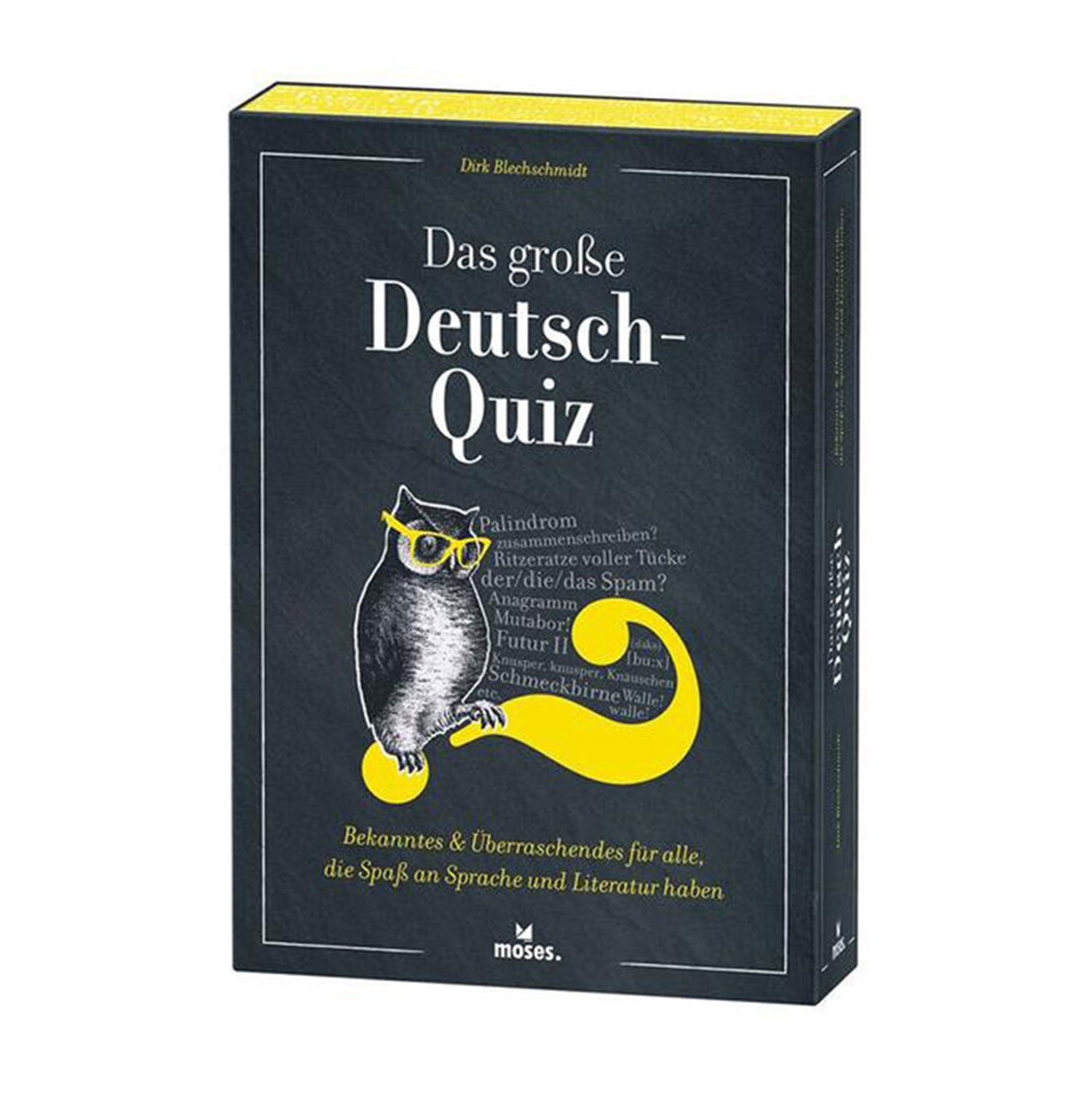 Auf einer Schachtel „Das große Deutsch-Quiz“ ist eine Eule mit gelber Brille abgebildet, die ein Satzzeichen hält. Palindrome und Anagramme werden hier zelebriert, um Sprachbegeisterte und Rechtschreibexperten zu unterhalten.