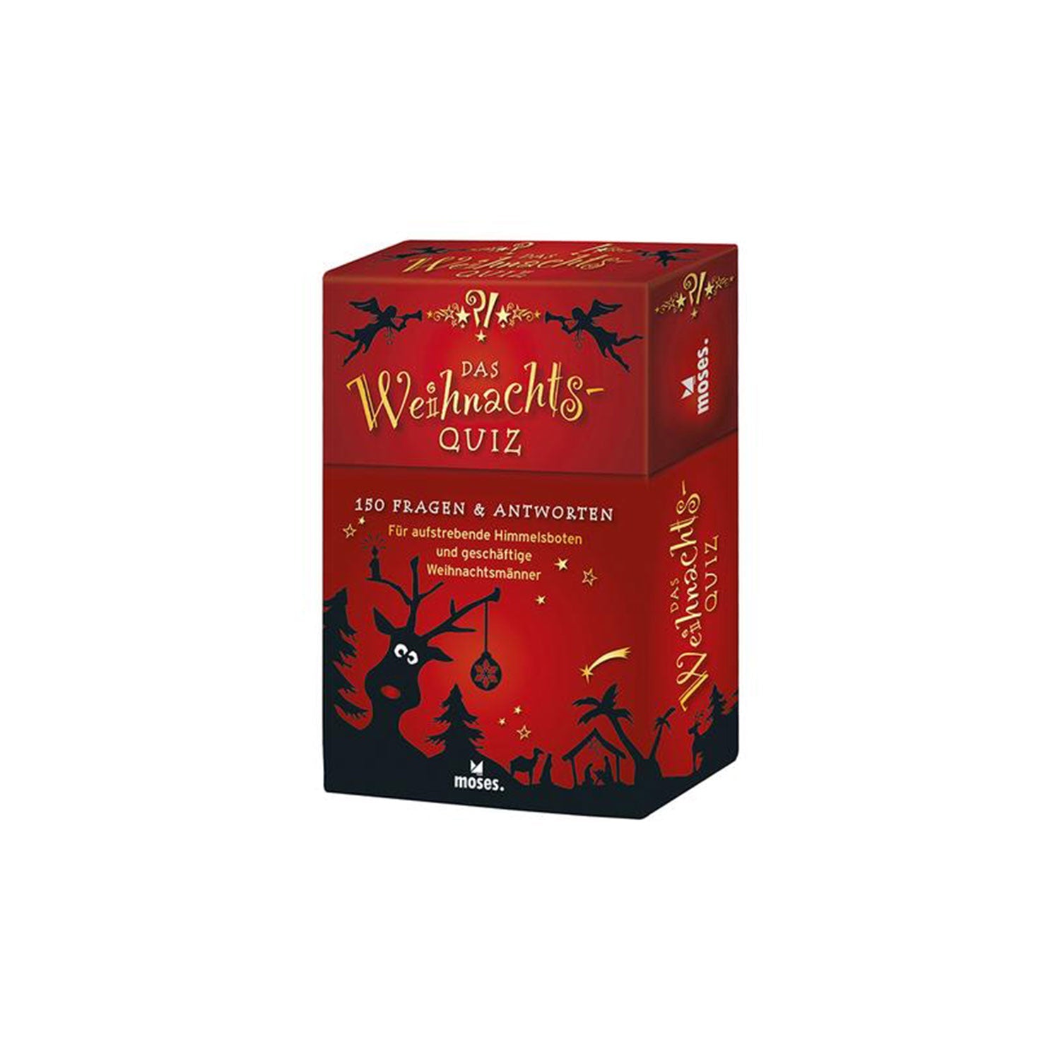 Die rot-goldene „Das Weihnachtsquiz“-Box, geschmückt mit festlichen Rentier-, Weihnachtsmann- und Baumsilhouetten, enthält 150 Fragen und Antworten für ein unterhaltsames Quiz zum Thema Weihnachten, perfekt für einen unterhaltsamen Weihnachtsabend.