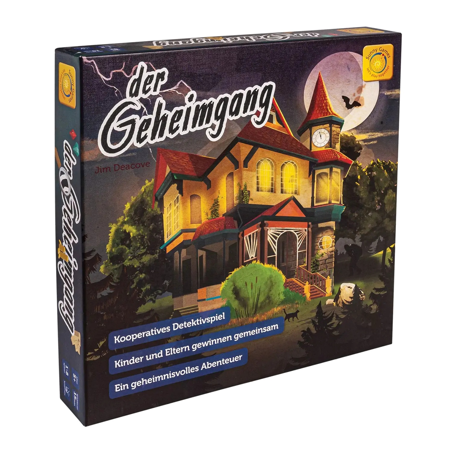 Das Bild zeigt die Schachtel „Der Geheimgang – Brettspiel“ mit einer geheimnisvollen Haus- und Uhrturm-Illustration, umgeben von Bäumen. Es ist ein kooperatives Detektivspiel für Kinder und Eltern, bei dem Teamwork im Vordergrund steht.