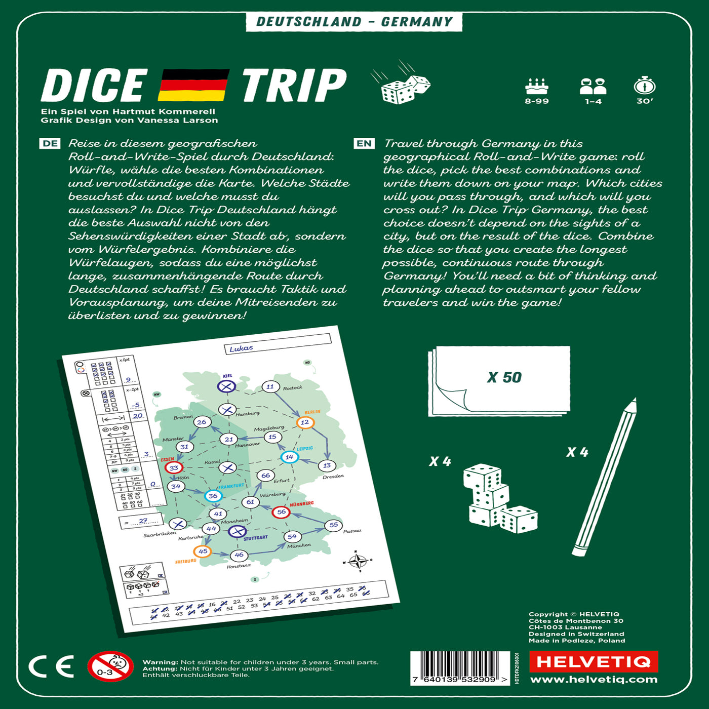 Dice Trip Deutschland enthält Spielmaterial, eine Deutschlandkarte sowie Regeln in Deutsch und Englisch. Entdecke Reisekombinationen in diesem geografischen Würfelspiel!.