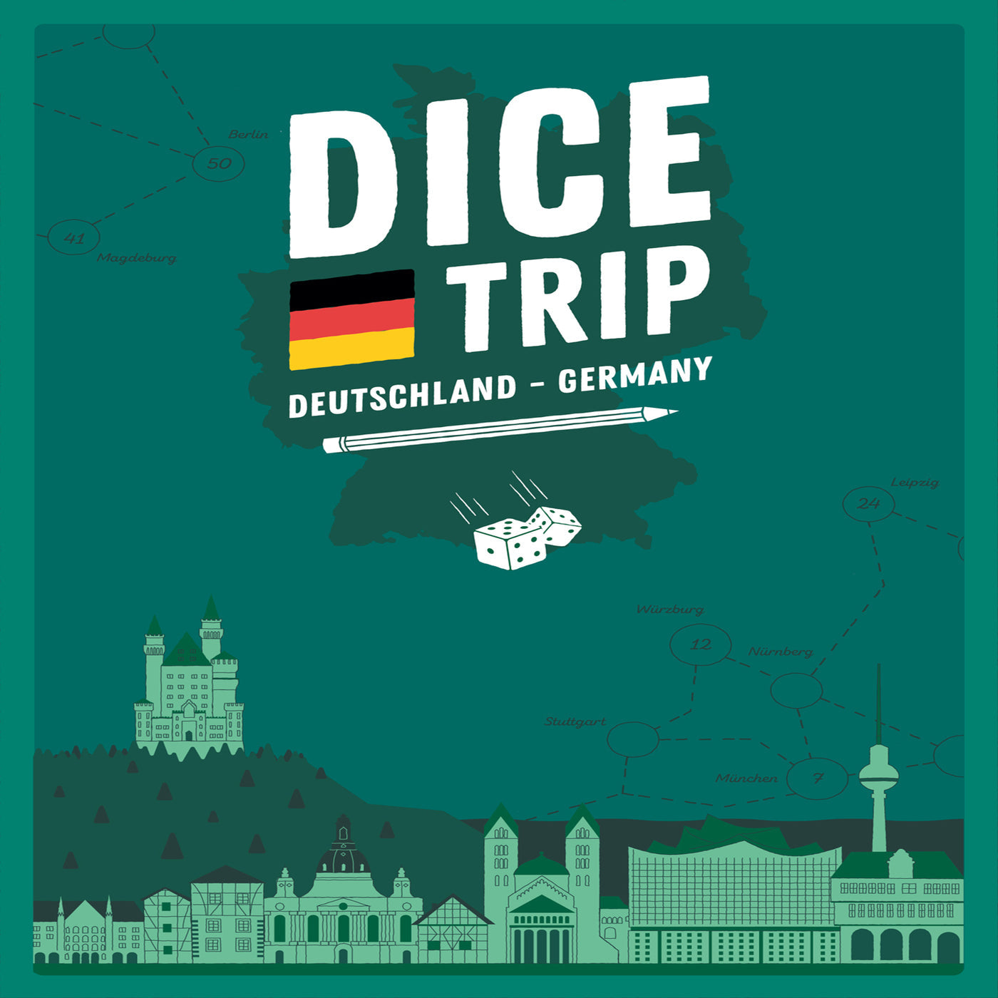 Poster für Dice Trip Deutschland – ein Würfelspiel mit der deutschen Flagge, Würfeln, Reisekombinationen und Silhouetten der berühmtesten Wahrzeichen Deutschlands.