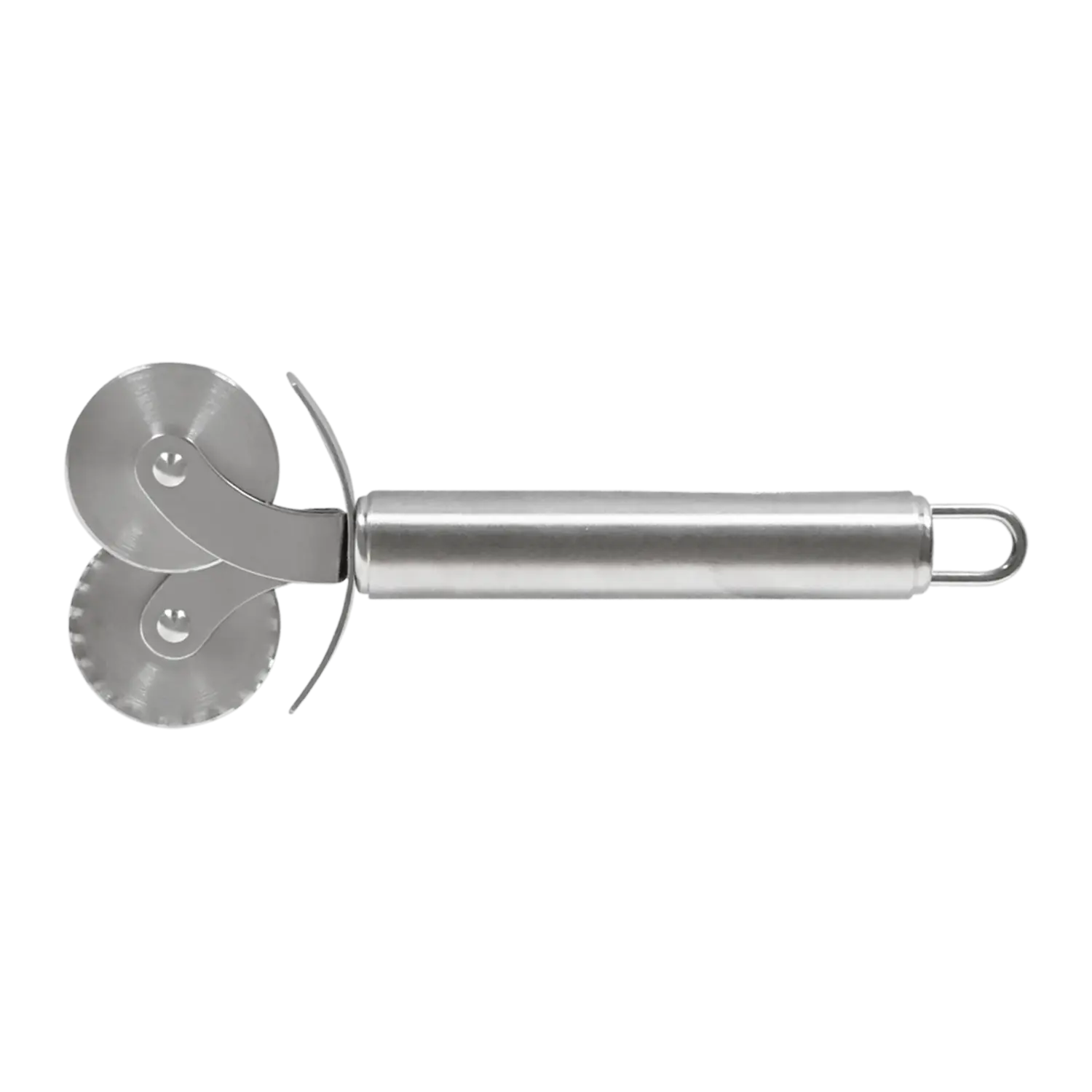 Doppel-Teigrädchen Gourmet aus Edelstahl, spülmaschinenfest, weißer Hintergrund.