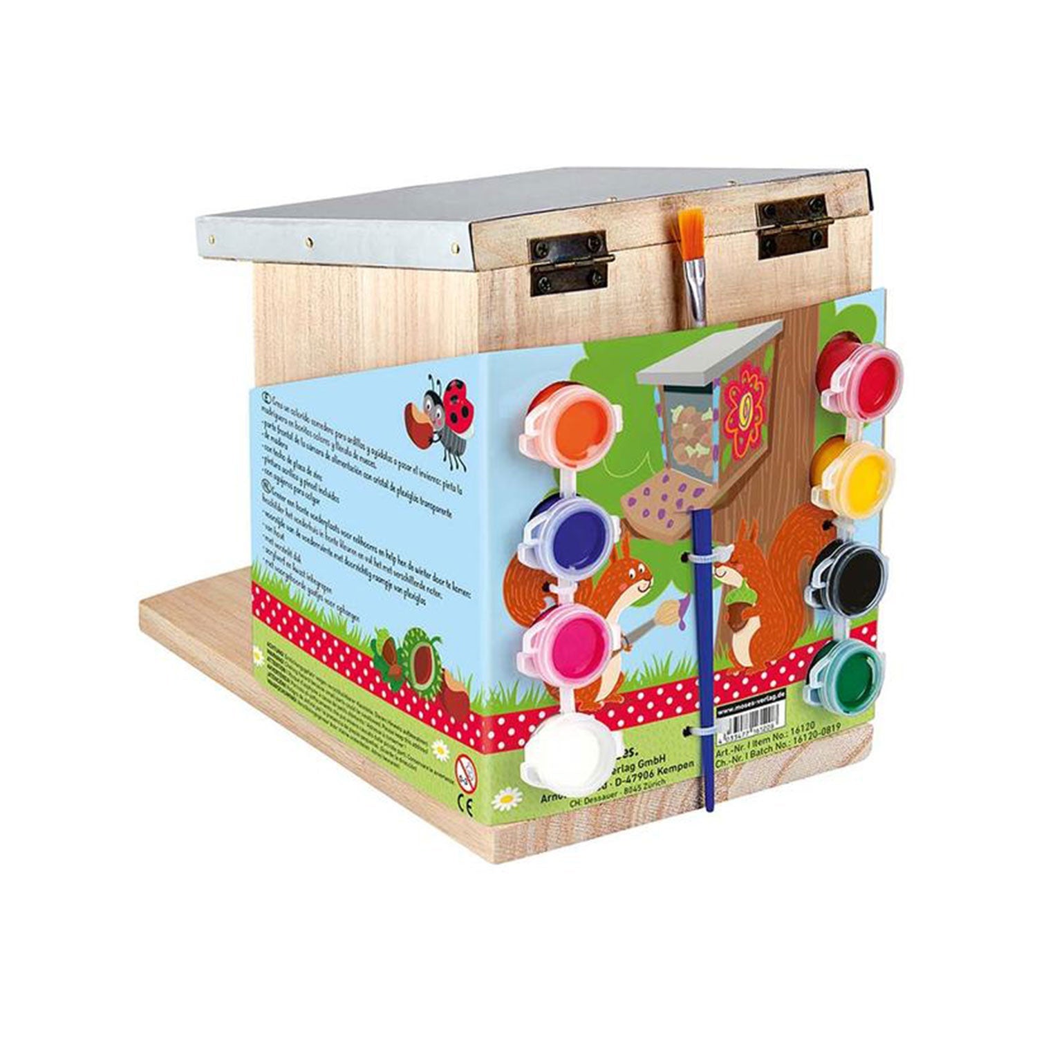 Farben und Pinsel am Futterhaus zum Anmalen