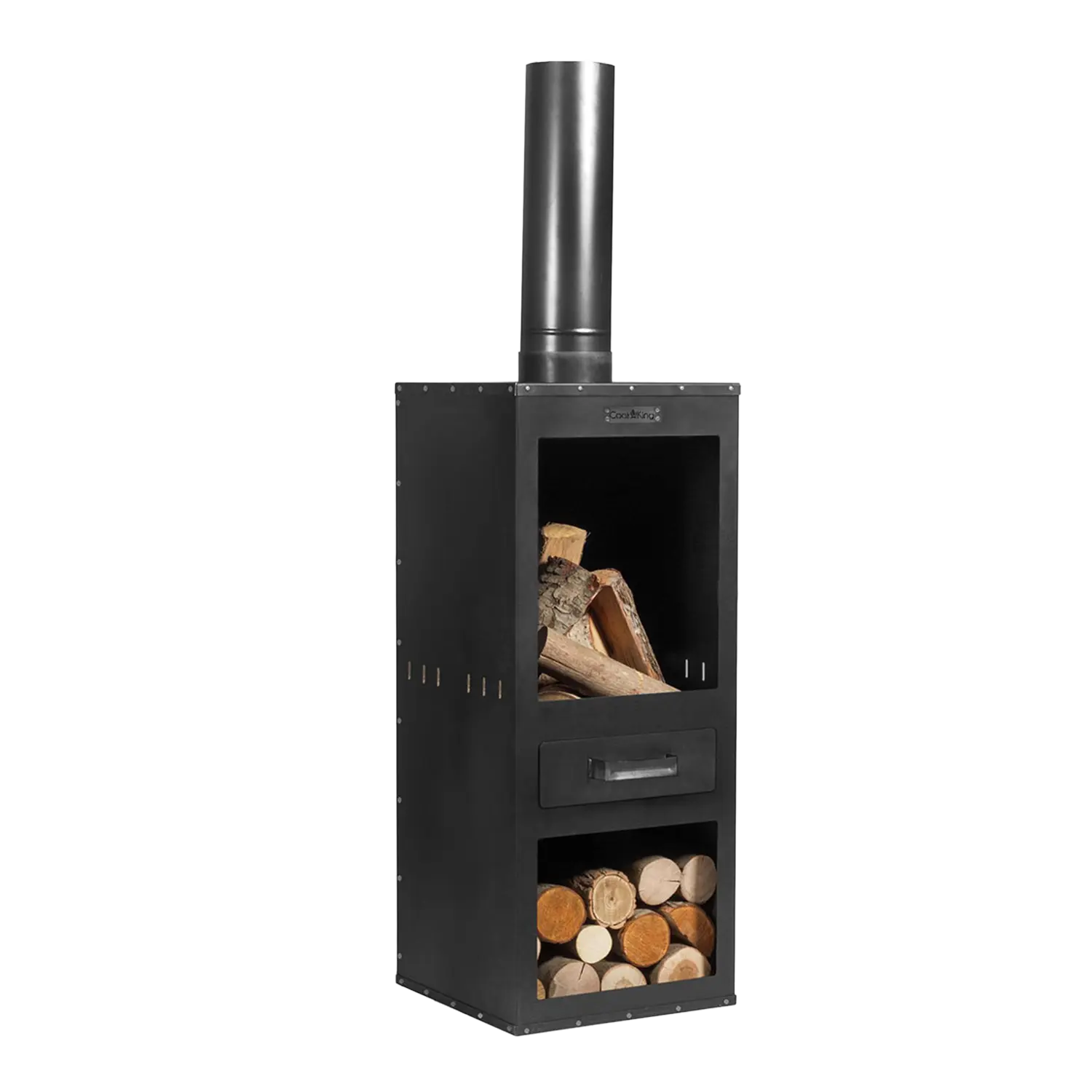 Schwarzer Gartenofen Delaware mit Schornstein und Decke, Flexbox für Brennholz.