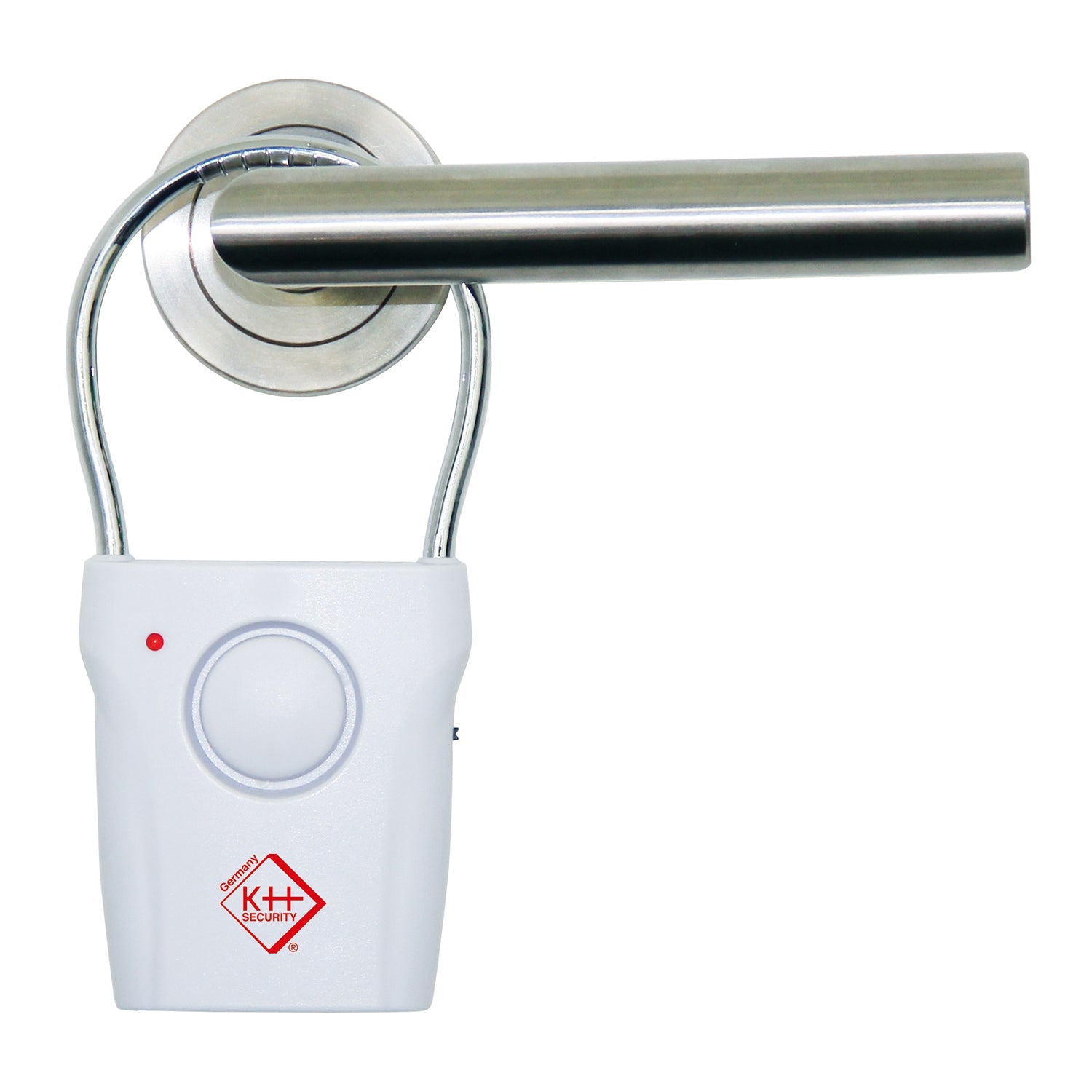 Ein weißer elektronischer Türgriffalarm aus dem Elektronischen Türgriff-Alarm 2er-Set mit runder Öse hängt an einem modernen silbernen Türgriff. Er verfügt über ein rotes Licht und ein Logo und bietet so fortschrittliche Alarmsicherung gegen Einbrüche auf schlichtem weißem Hintergrund.