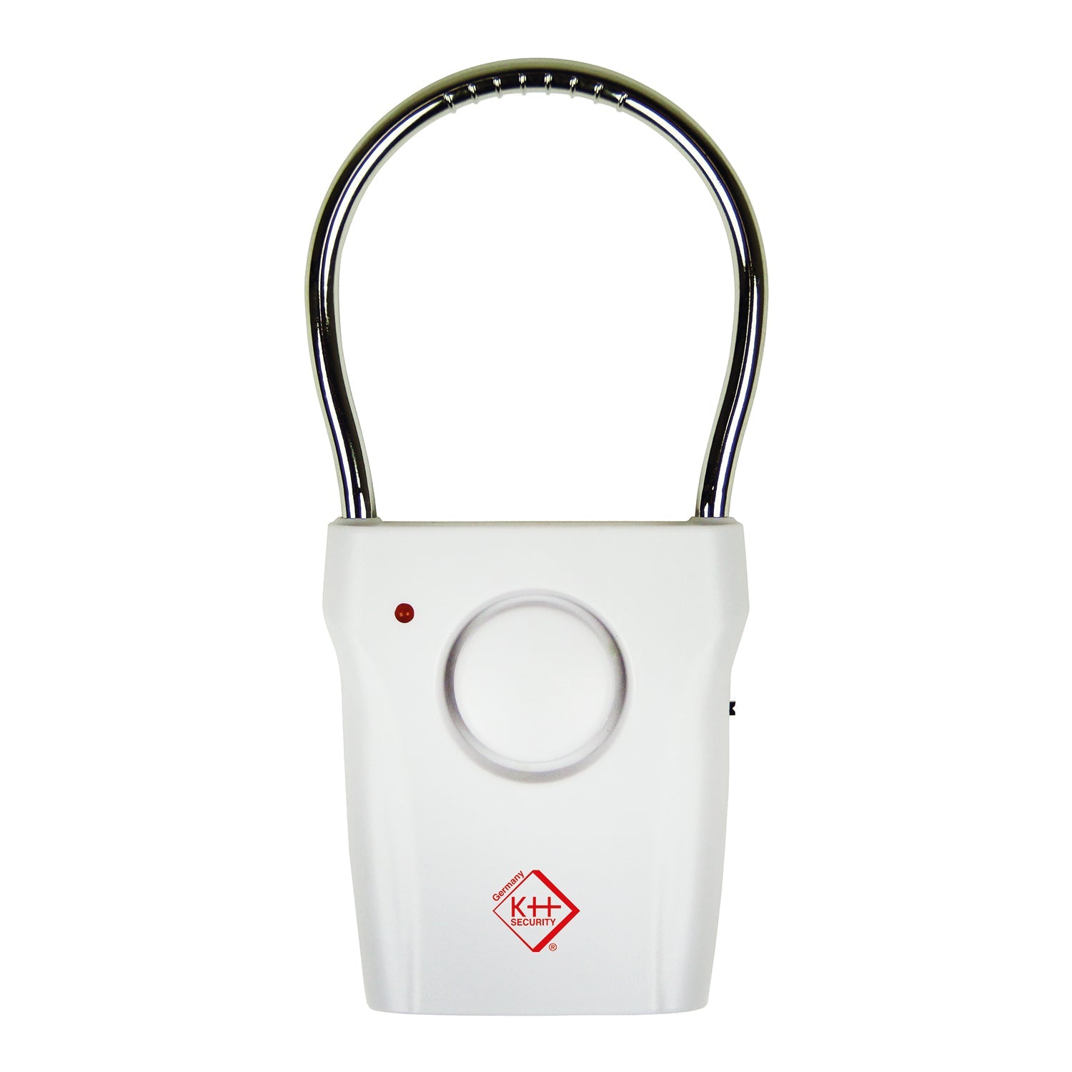 Das Elektronische Türgriff-Alarm 2er-Set ist ein tragbares Türschloss mit einem U-förmigen Metallbügel und einer weißen Basis mit Alarmsicherungstechnologie, einschließlich rundem Knopf, roter Kontrollleuchte und Logo für erhöhte Sicherheit gegen Einbrüche.