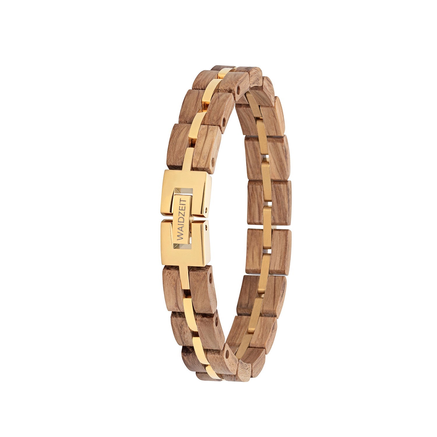 Das Elementarmband Damen Barrique Gold besticht durch goldfarbene Metallglieder mit einem Verschluss mit der Gravur „Waidzeit“ aus Weinfassholz. Die natürlichen Holztöne harmonieren mit polierten Akzenten in Edelstahl-Goldoptik und sorgen für einen stilvollen und eleganten Look.
