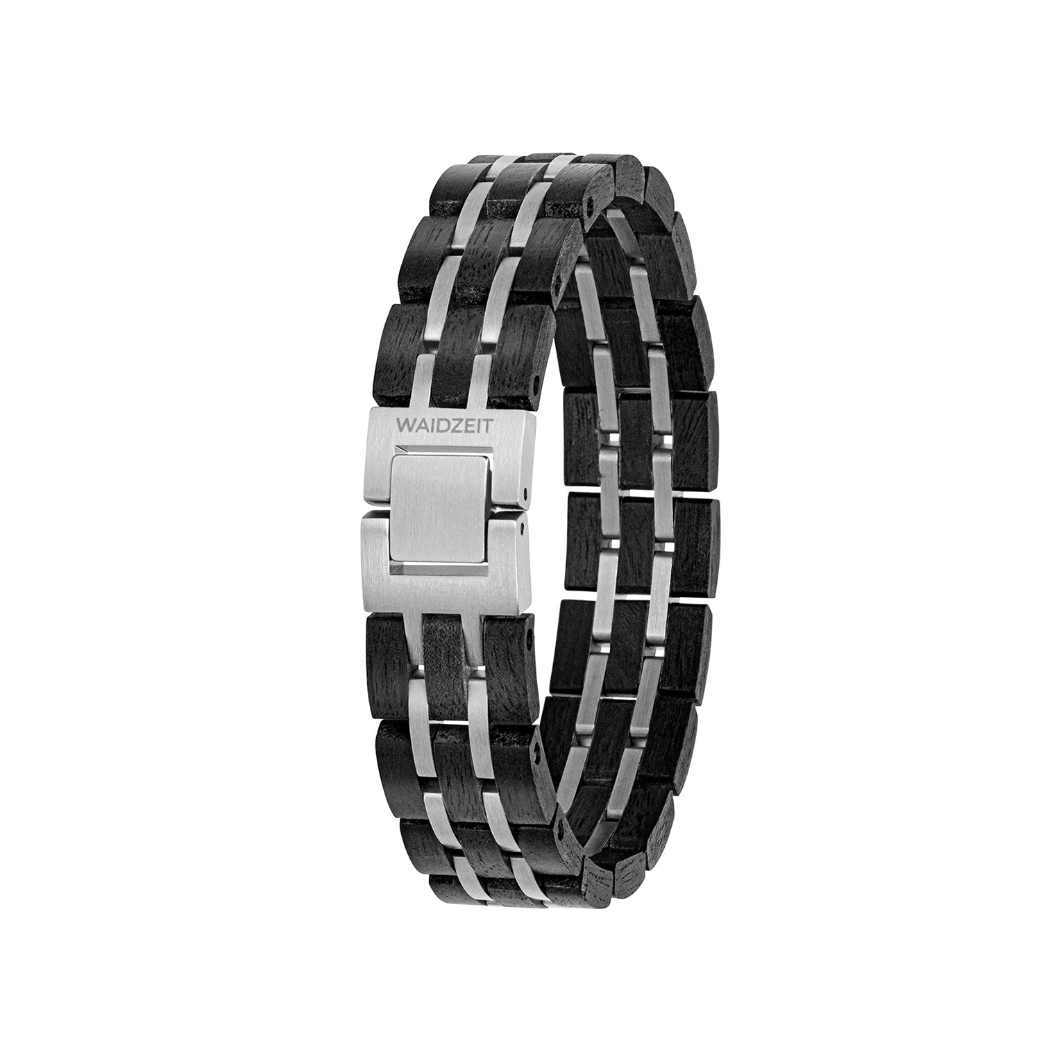 Das Elementarmband Herren Ebenholz-Silber ist ein stilvolles Armband mit abwechselnd schwarzen und silbernen Gliedern und einem zentralen Verschluss mit der Gravur „Waidzeit“. Das schlichte Design kombiniert Metall und dunkles Holz und macht es zu einem modernen Edelstahlschmuckstück und einer idealen Geschenkidee.