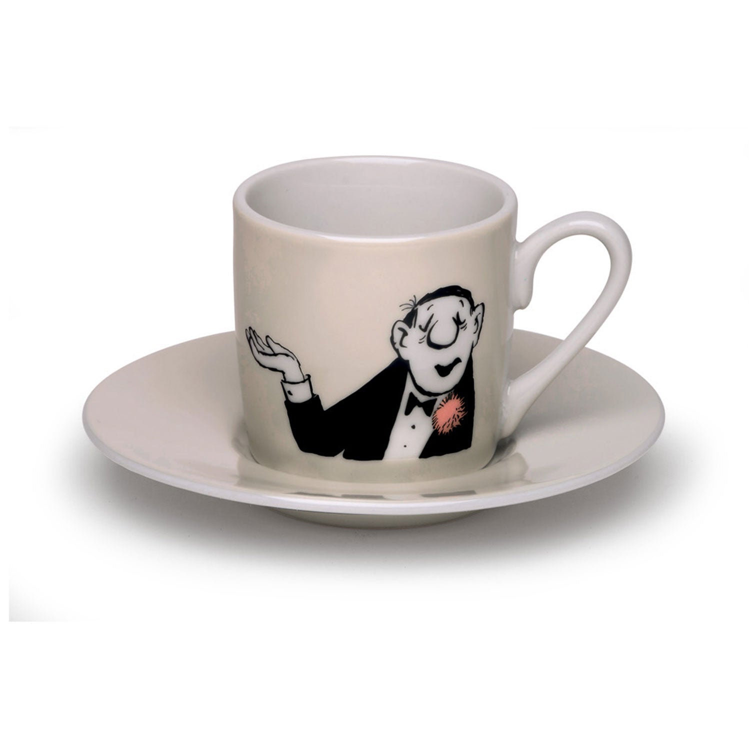 Die eleganten „4 Espressotassen mit Künstlermotiven im Set“ bestehen aus einer weißen Tasse und Untertasse mit einer fröhlichen Illustration von Vicco von Bülow im Smoking mit Fliege und rosa Blume, Teil der exklusiven ars mundi Exklusiv-Edition.