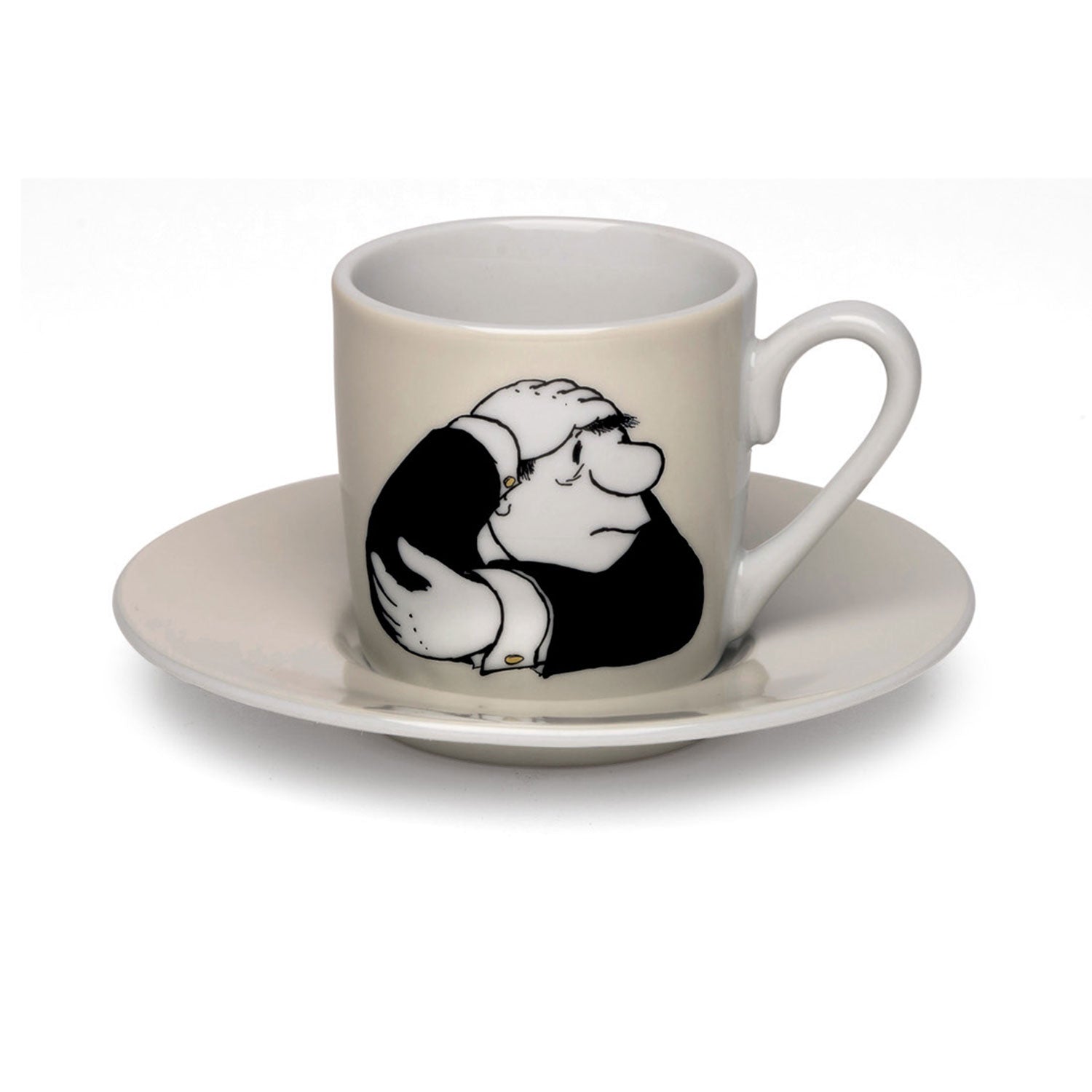 Dieses Set aus der ars mundi Exklusiv-Edition enthält vier Espressotassen mit schwarz umrandeten Comicfiguren in Anzügen, die frustriert den Kopf halten. Die Motive vermitteln einen humorvollen Eindruck im Stil von Vicco von Bülow.