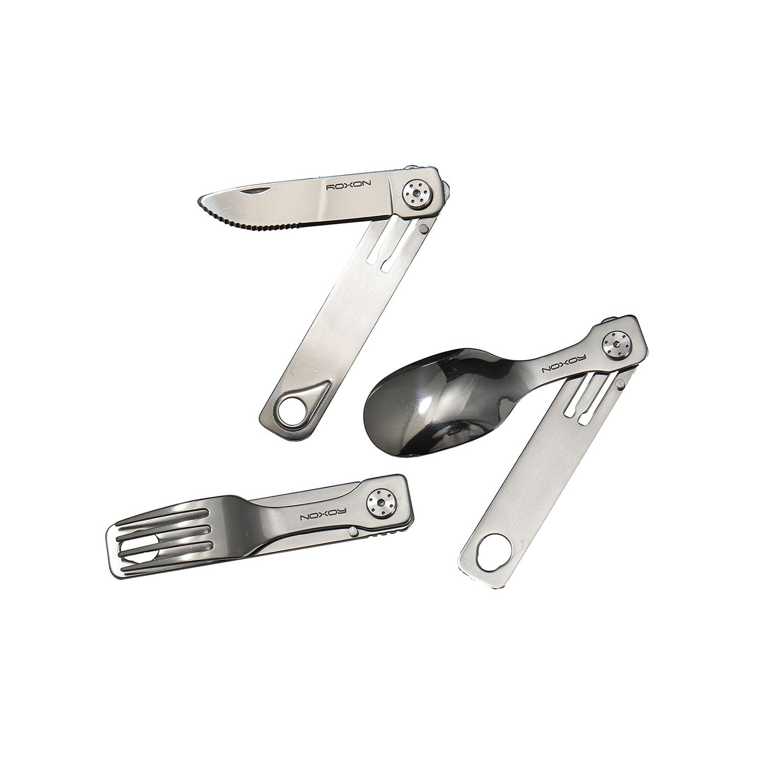 Das Faltbare Besteck / Camping Besteck-Set ist perfekt für Campingabenteuer und enthält ein gefaltetes Messer, eine Gabel und einen Löffel mit Wellenschliff, jeweils mit einem praktischen Loch am Ende für einfache Handhabung und Aufbewahrung.