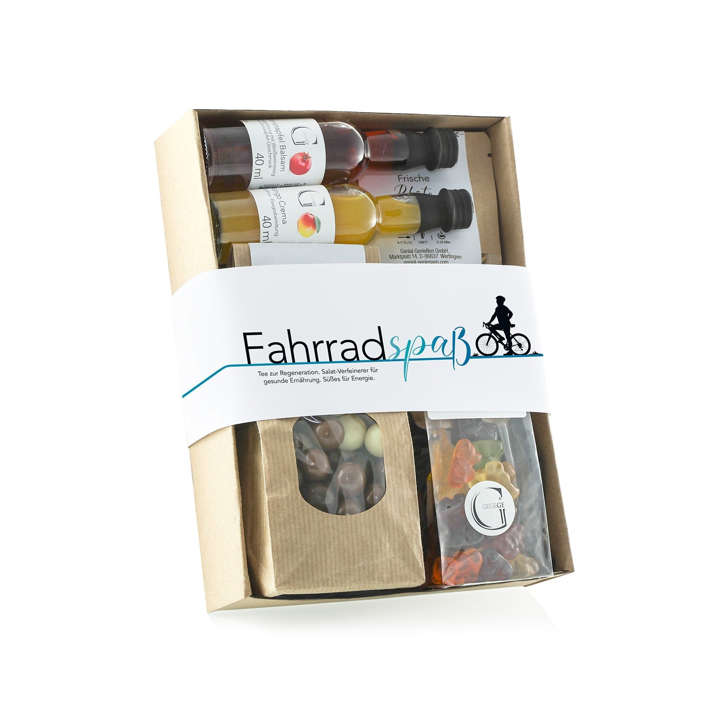 Ein entzückendes Geschenkset „Hobby-Set – Fahrradspaß“ enthält kleine Flaschen Granatapfelbalsam, verschiedene Pralinen in einer braunen Tüte und Gummibärchen in einer durchsichtigen Tüte, alles verpackt mit einem „Fahrradspaß“-Etikett mit einem Radfahrer.